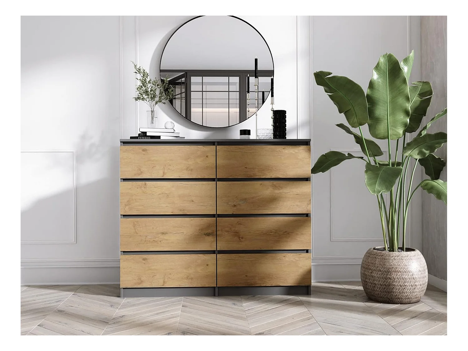 Kommode mit 8 Schubladen: Anthrazit/Lancelot-Eiche, 120 x 101 x 39 cm