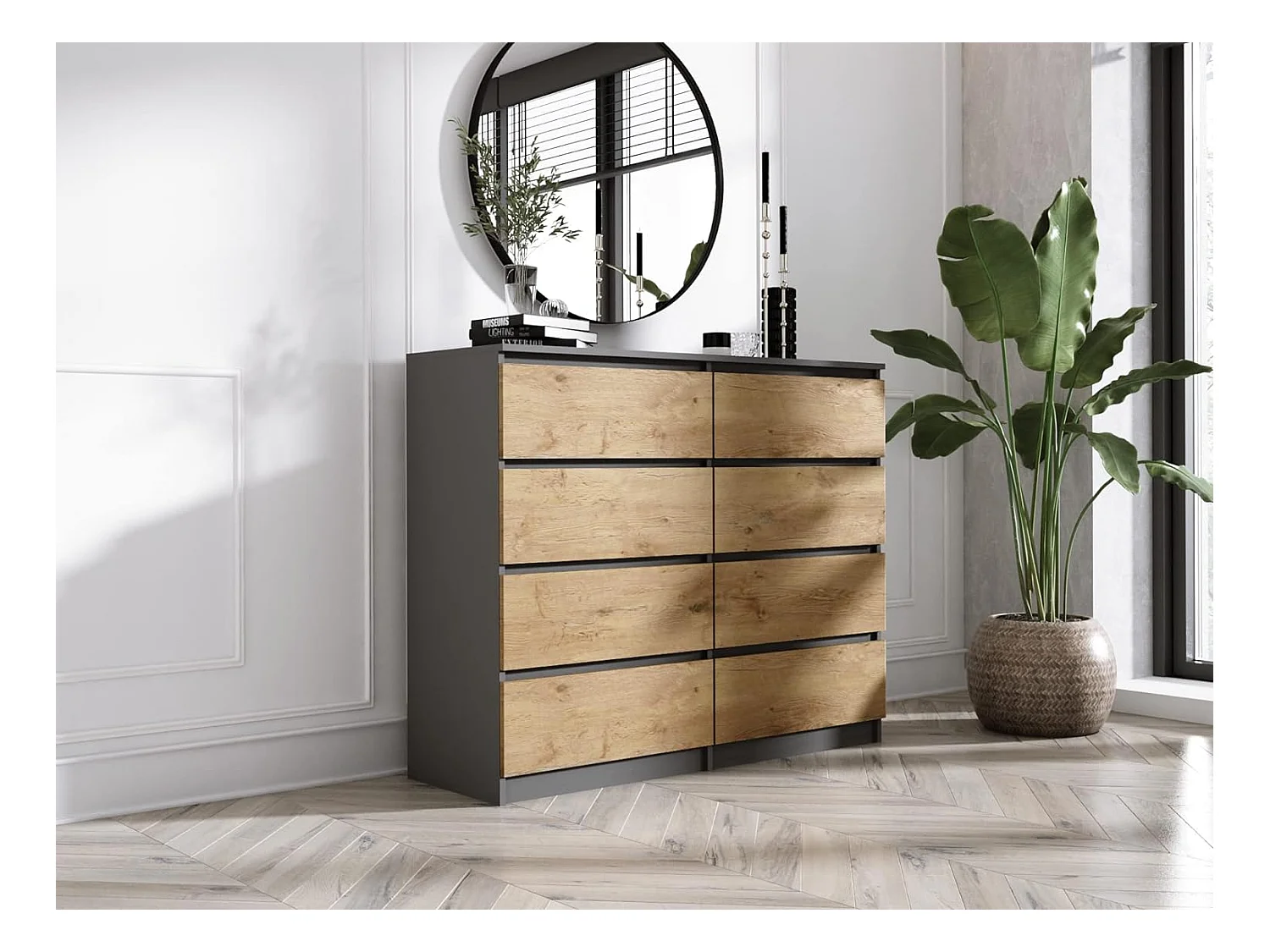 Commode 8 Tiroirs : Anthracite / Chêne Lancelot, 120 x 101 x 39 cm