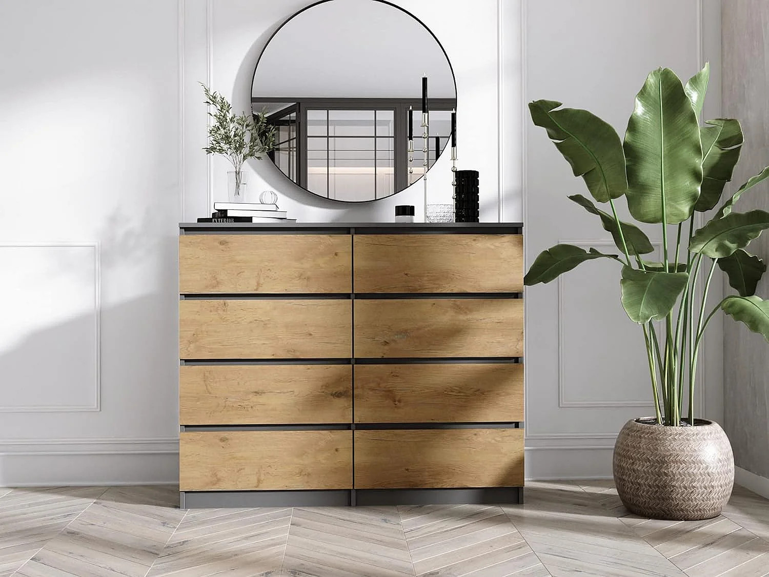 Commode 8 Tiroirs : Anthracite / Chêne Lancelot, 120 x 101 x 39 cm