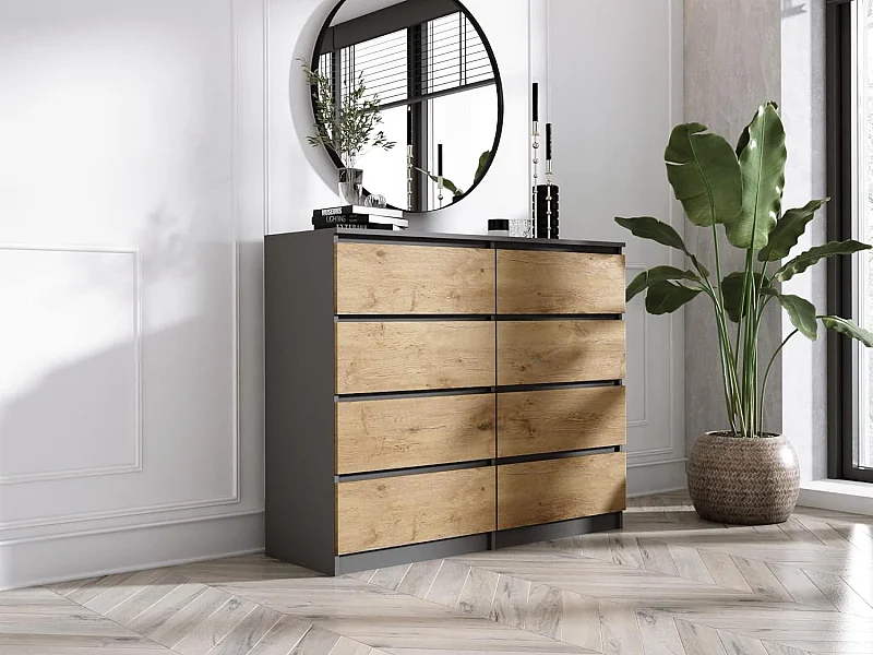 Commode 8 Tiroirs : Anthracite / Chêne Lancelot, 120 x 101 x 39 cm
