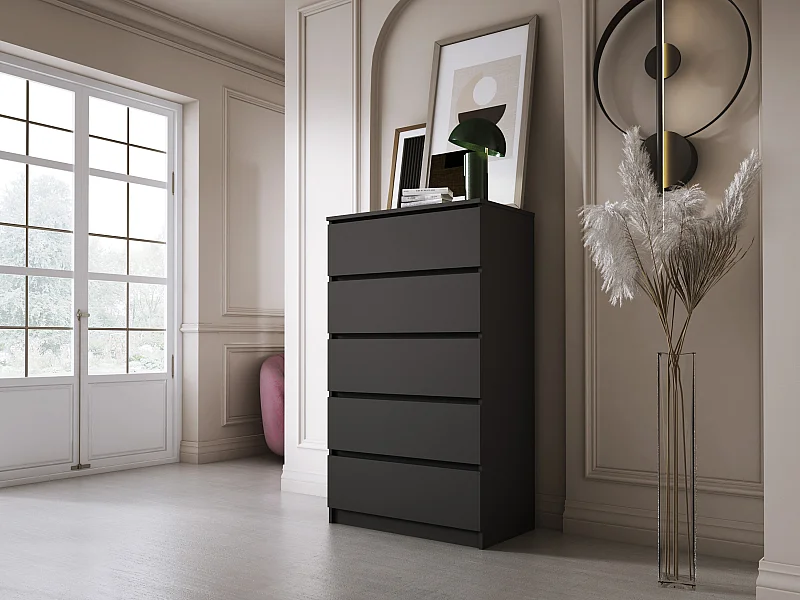 Ladekast met 5 lades, matzwart, 70 x 39 x 125 cm
