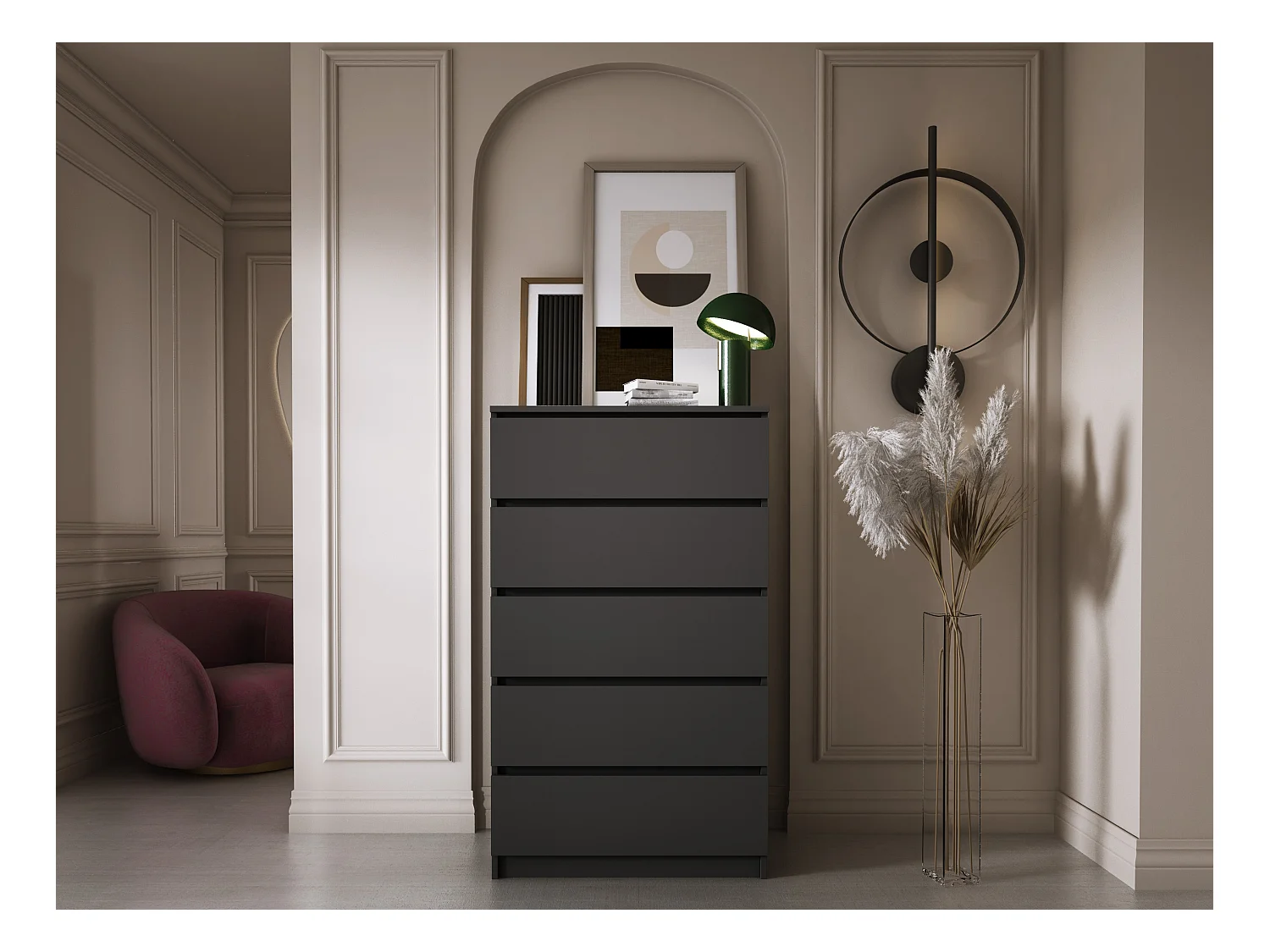 Commode 5 Tiroirs, Noir Mat, 70 x 39 x 125 cm