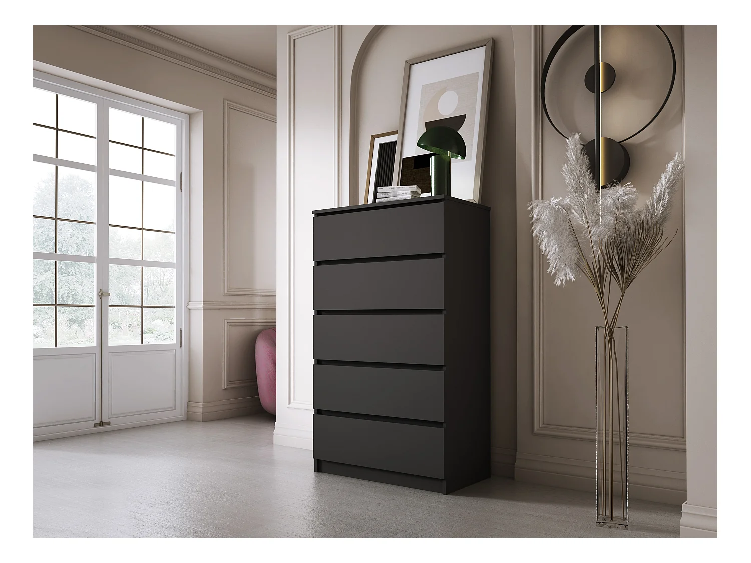 Commode 5 Tiroirs, Noir Mat, 70 x 39 x 125 cm