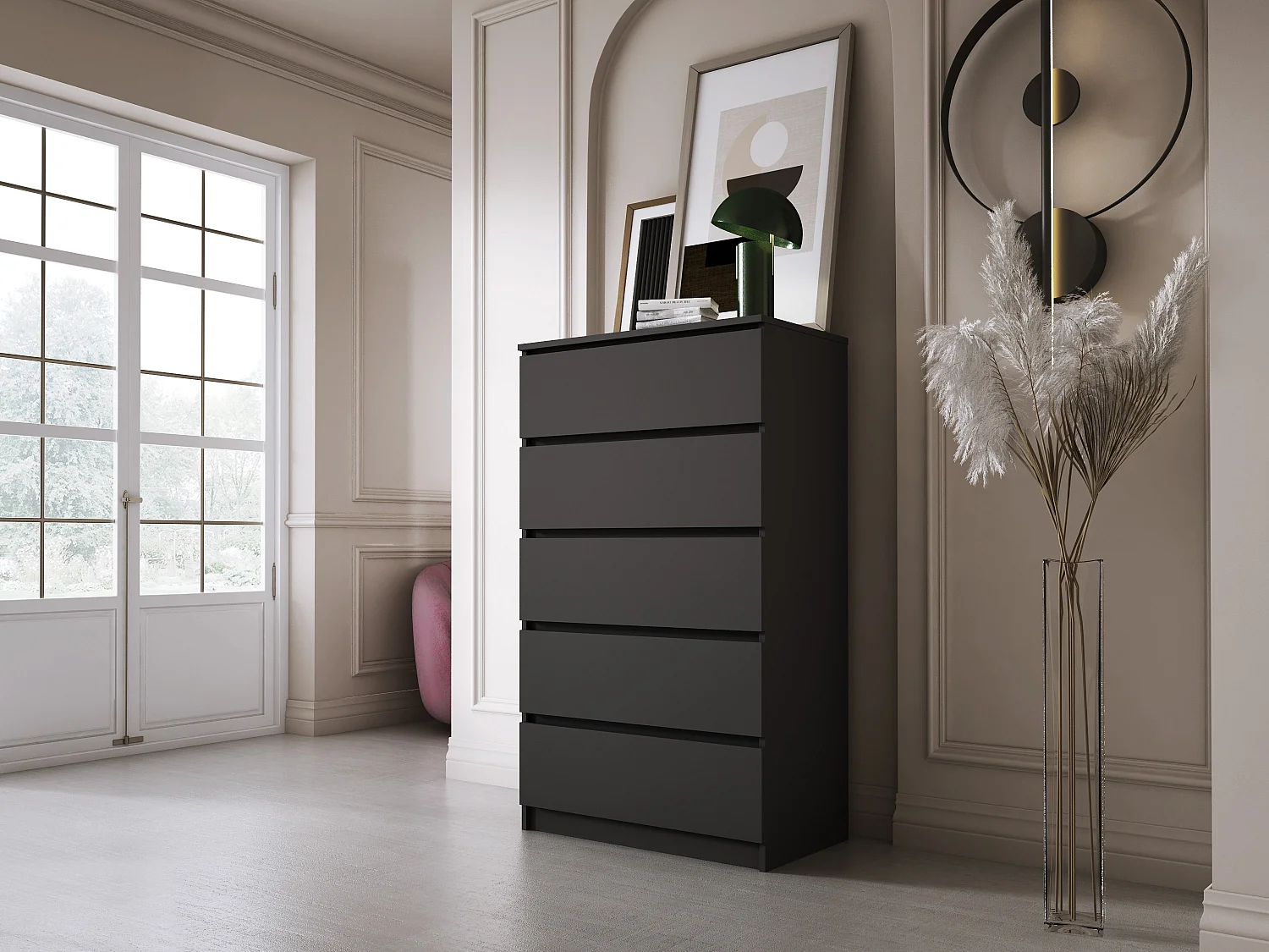 Commode 5 Tiroirs, Noir Mat, 70 x 39 x 125 cm