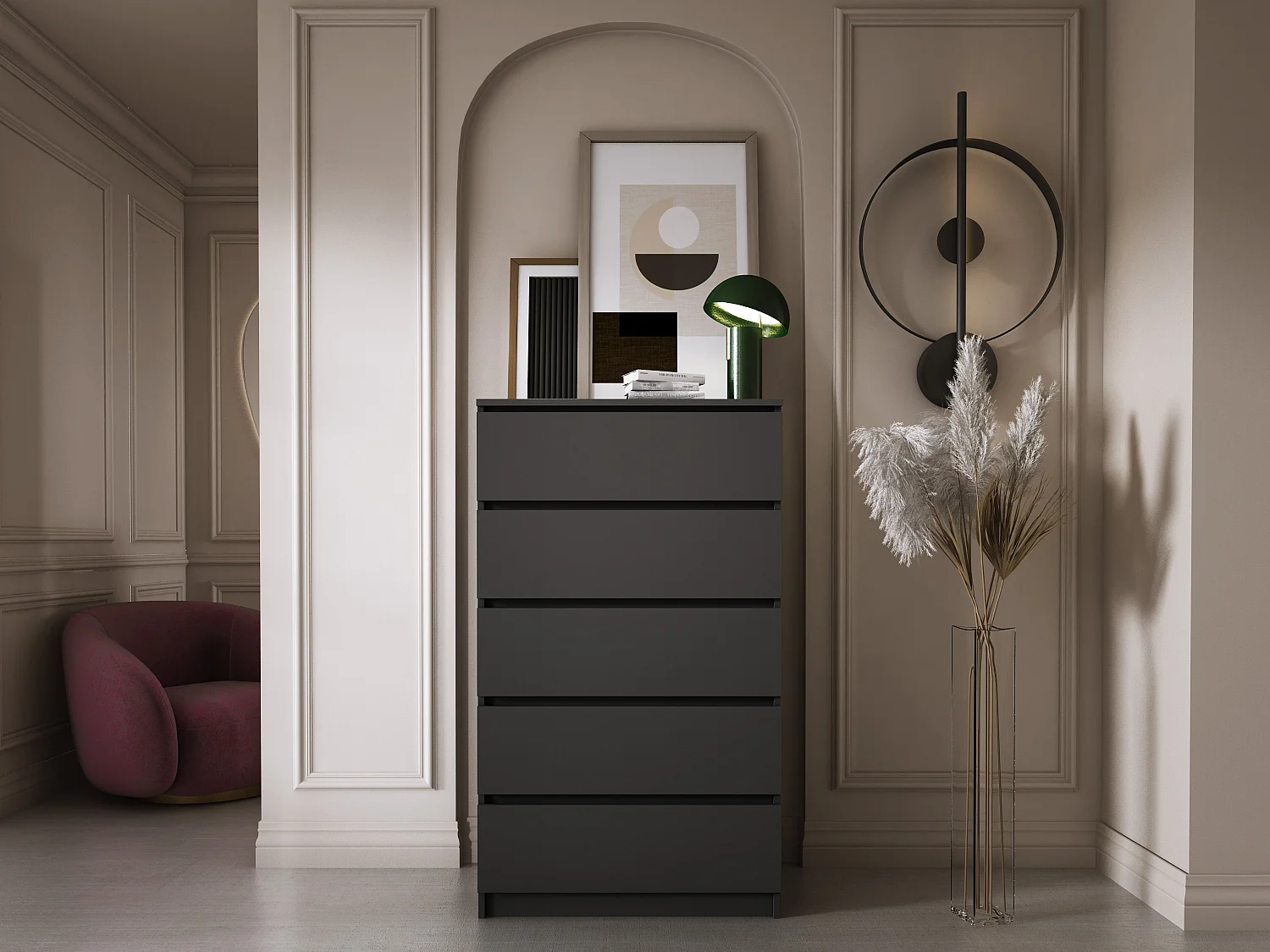 Commode 5 Tiroirs, Noir Mat, 70 x 39 x 125 cm