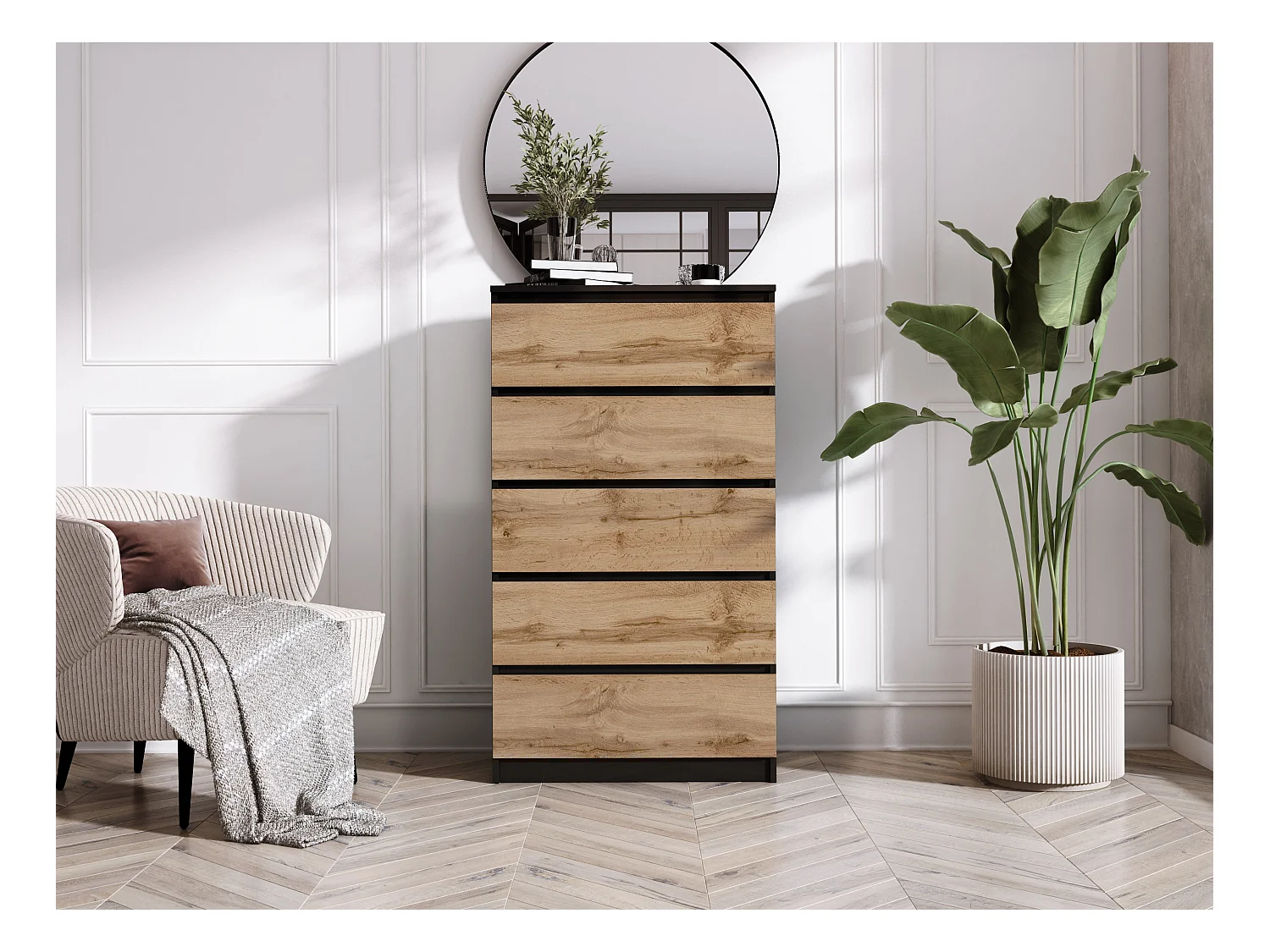 Kommode mit 5 Schubladen, Mattschwarz / Wotan-Eiche, 70 x 39 x 125 cm