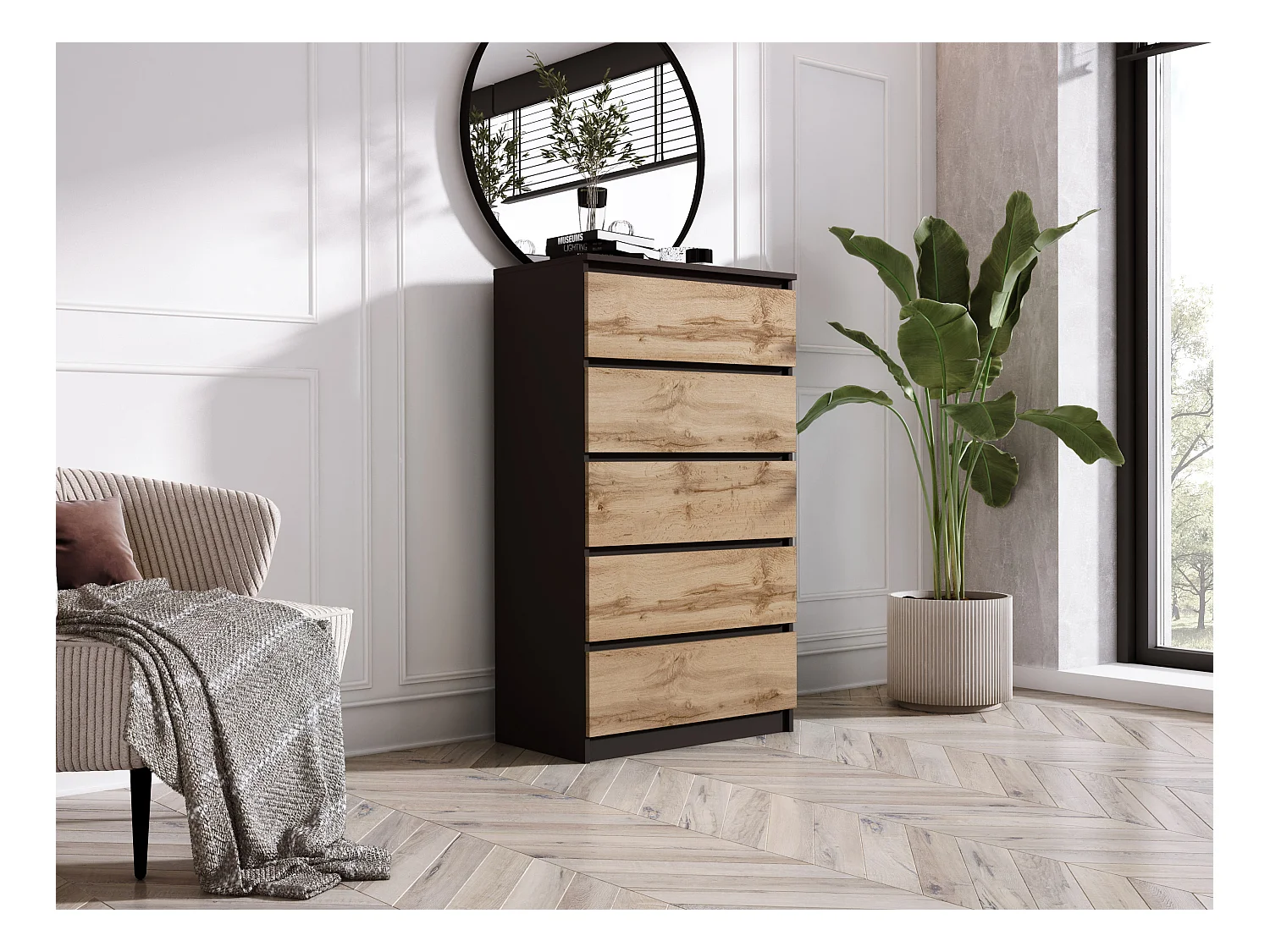 Commode 5 Tiroirs, Noir Mat / Chêne Wotan, 70 x 39 x 125 cm