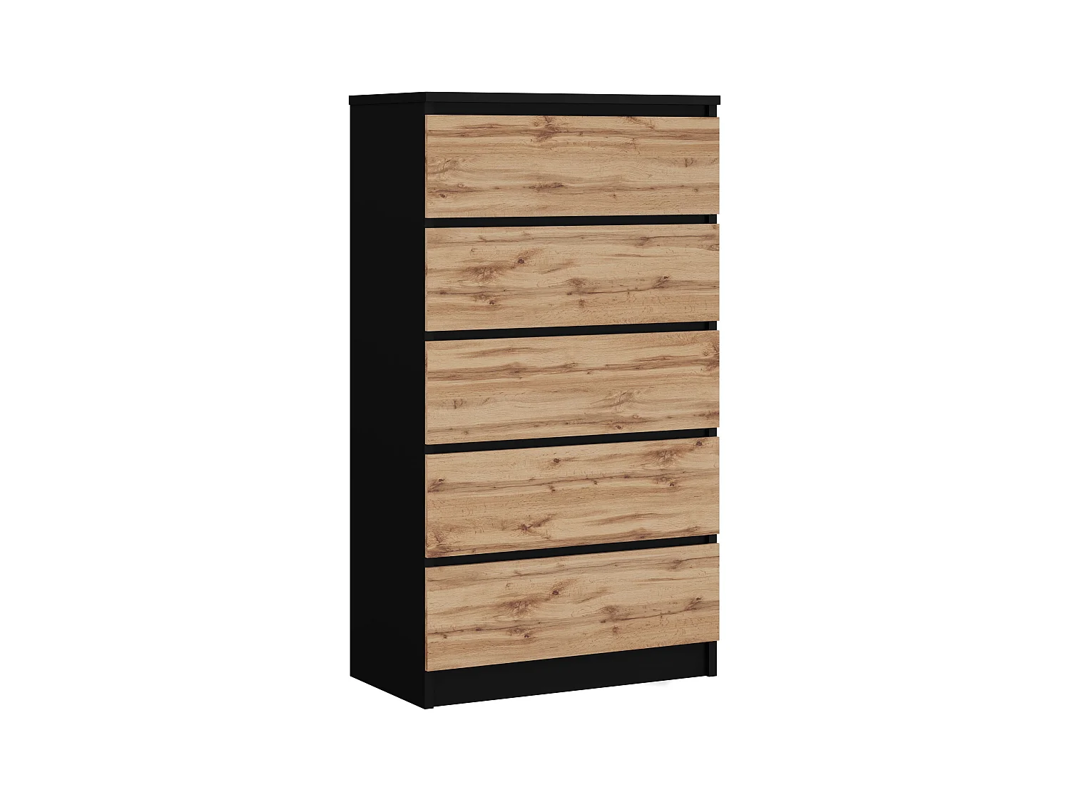 Ladekast met 5 lades, matzwart/wotan eiken, 70 x 39 x 125 cm