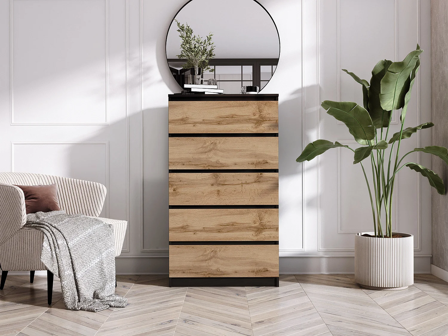 Ladekast met 5 lades, matzwart/wotan eiken, 70 x 39 x 125 cm