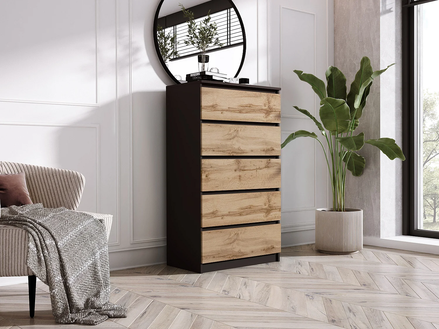 Commode 5 Tiroirs, Noir Mat / Chêne Wotan, 70 x 39 x 125 cm