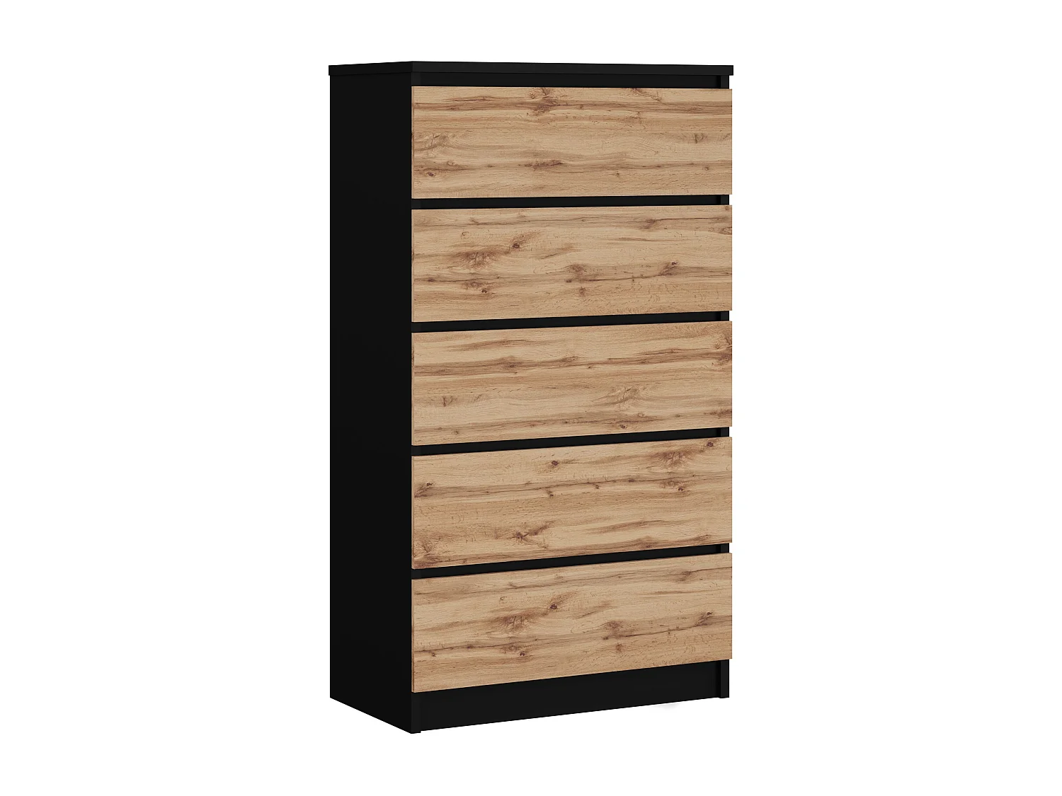 Commode 5 Tiroirs, Noir Mat / Chêne Wotan, 70 x 39 x 125 cm