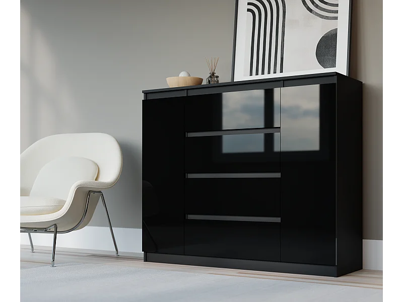 Cômoda : Preto Fosco / Preto Brilhante, 120 x 39 x 101 cm, 2 portas, 4 gavetas