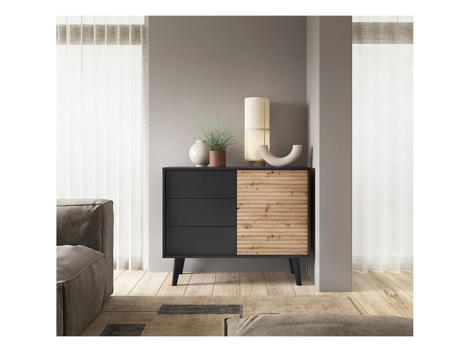 Komoda: 3 szuflady, Czarny / Dąb Artisan, 104 x 83 x 39 cm