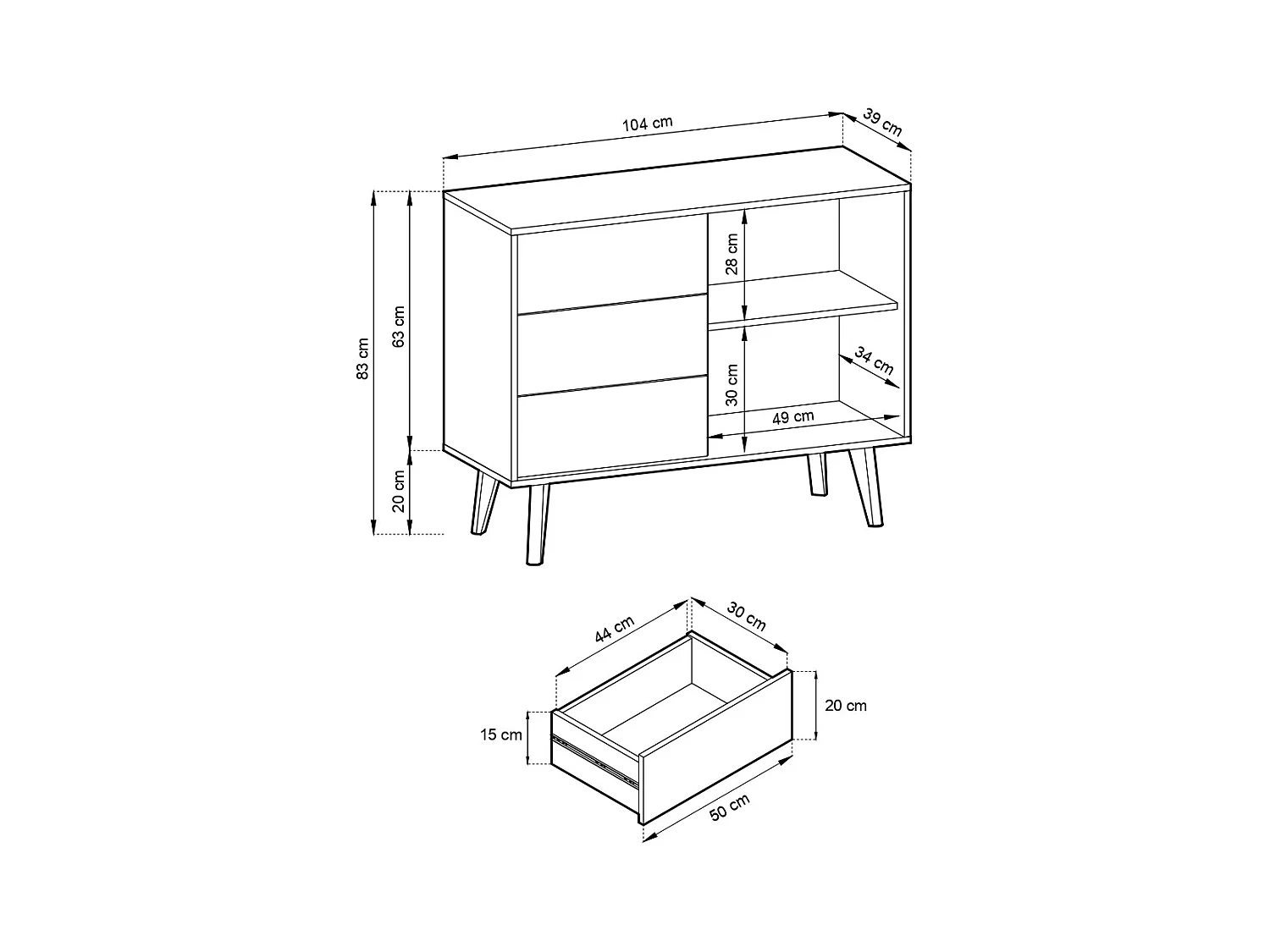 Komoda: 3 szuflady, Czarny / Dąb Artisan, 104 x 83 x 39 cm