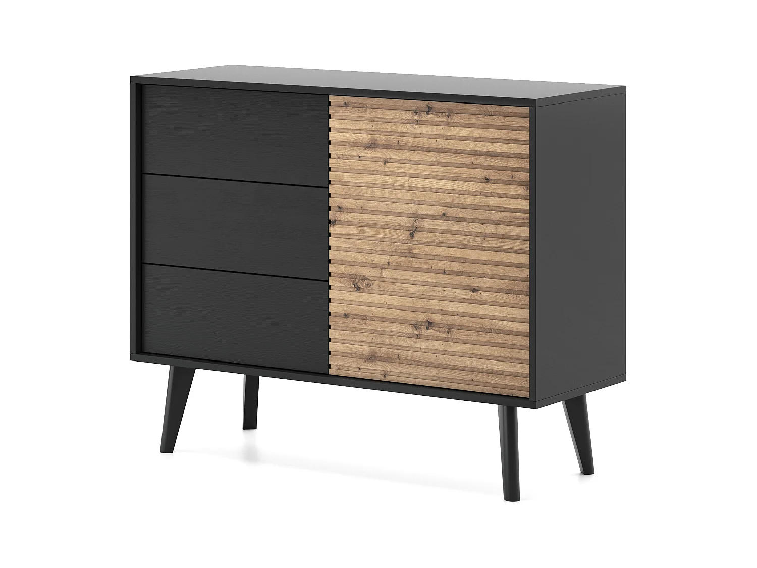 Commode : 3 tiroirs, Noir / Chêne Artisan, 104 x 83 x 39 cm