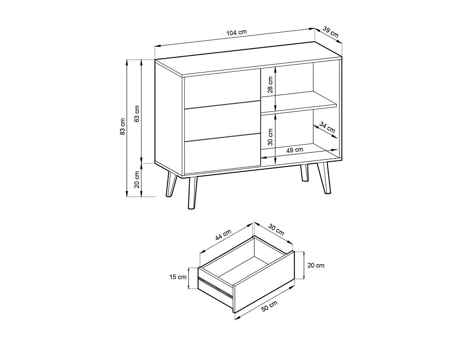 Commode : 3 tiroirs, Noir / Chêne Artisan, 104 x 83 x 39 cm