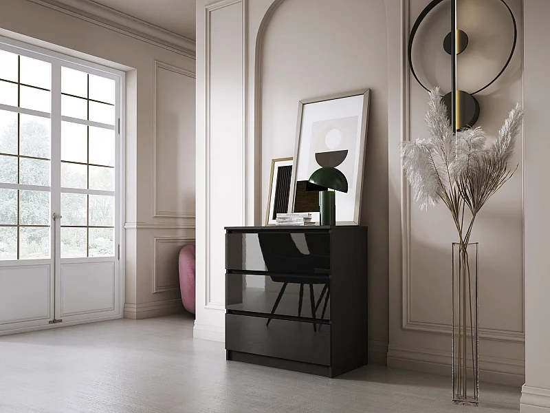 Ladekast met 3 lades, matzwart/glanzend zwart, 70 x 39 x 79 cm