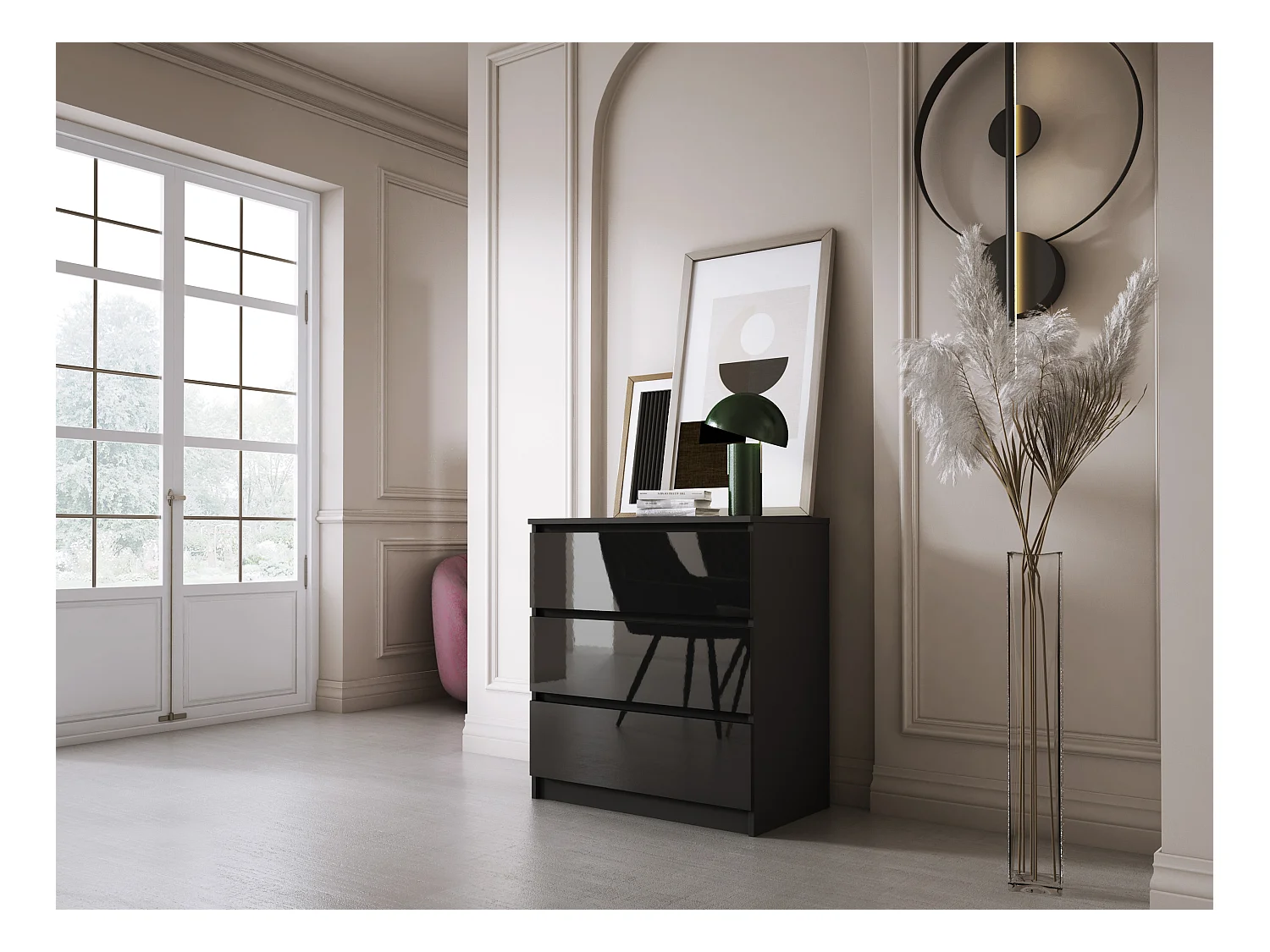 Komoda z 3 szufladami, czarny matowy / czarny błyszczący, 70 x 39 x 79 cm