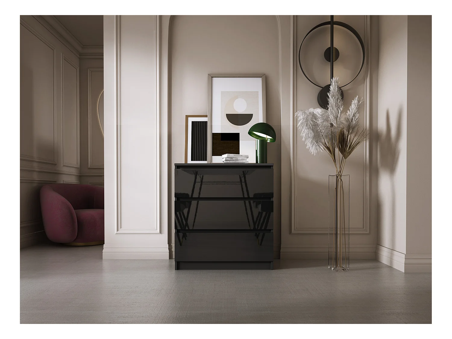 Komoda z 3 szufladami, czarny matowy / czarny błyszczący, 70 x 39 x 79 cm