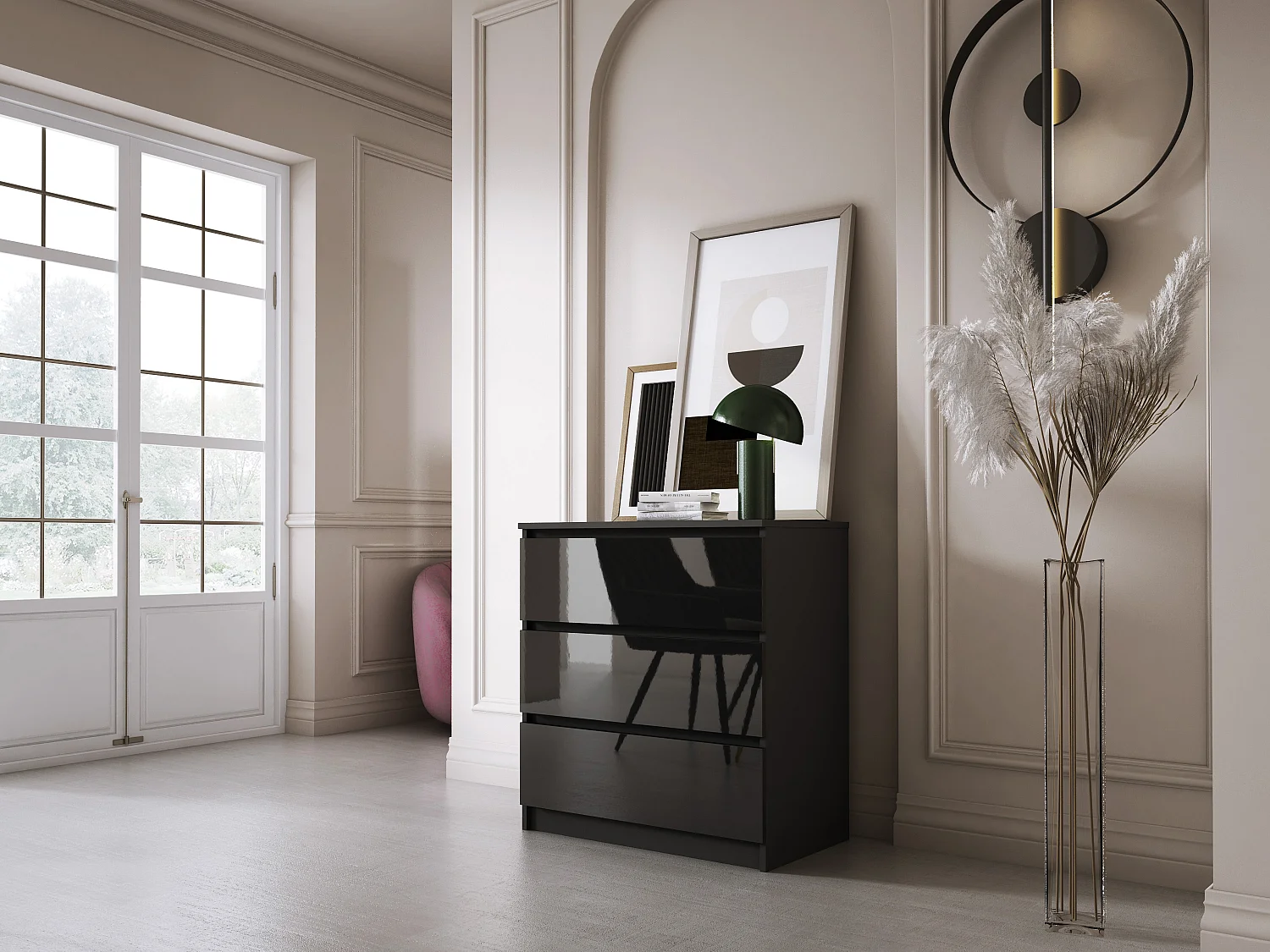 Commode 3 Tiroirs, Noir Mat / Noir Brillant, 70 x 39 x 79 cm