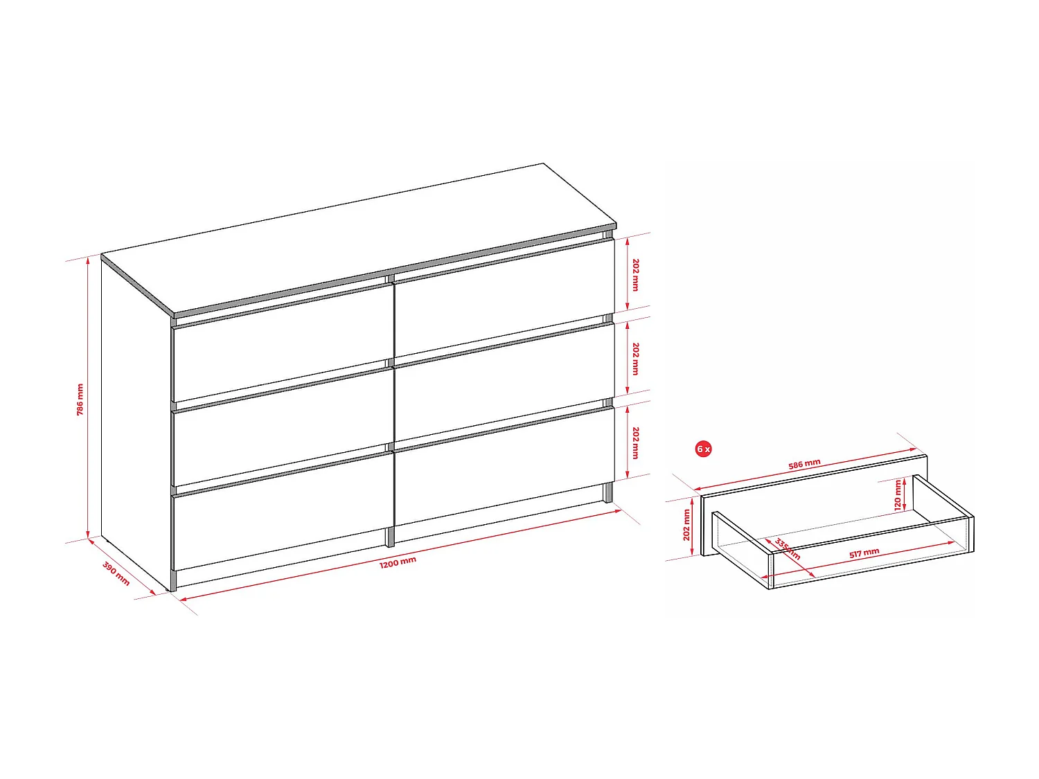 Kommode: 6 Schubladen, Kaschmir, 120 x 79 x 39 cm