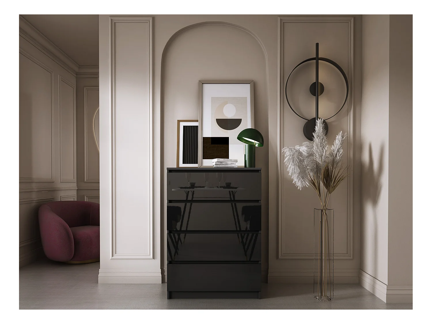 Komoda z 4 szufladami, czarny matowy / czarny błyszczący, 70 x 39 x 101 cm