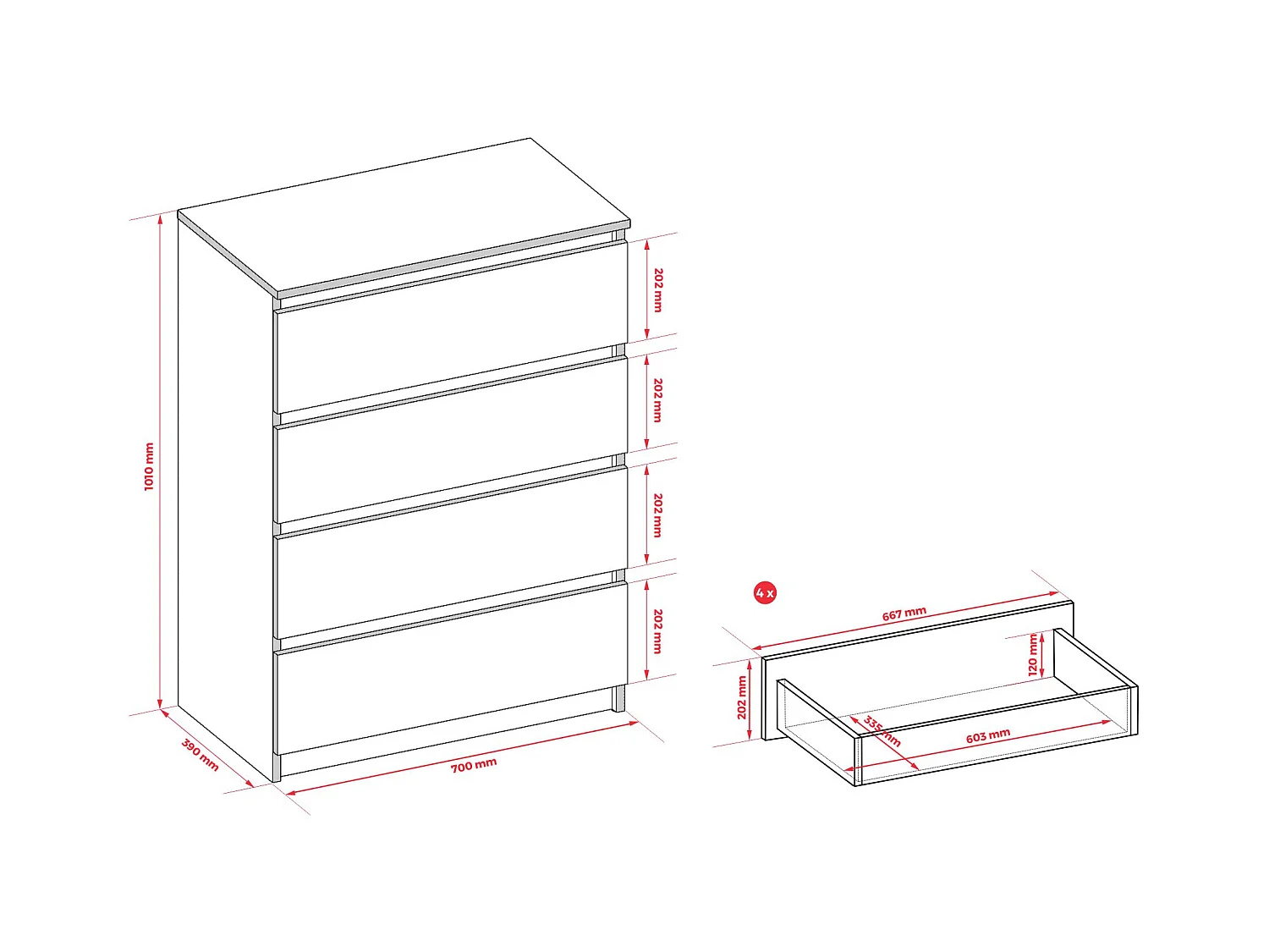 Komoda z 4 szufladami, czarny matowy / czarny błyszczący, 70 x 39 x 101 cm