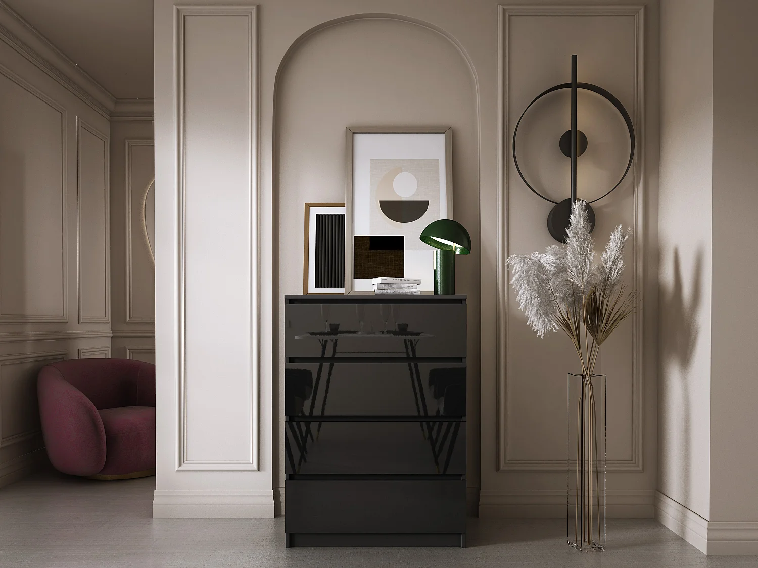 Commode 4 Tiroirs, Noir Mat / Noir Brillant, 70 x 39 x 101 cm