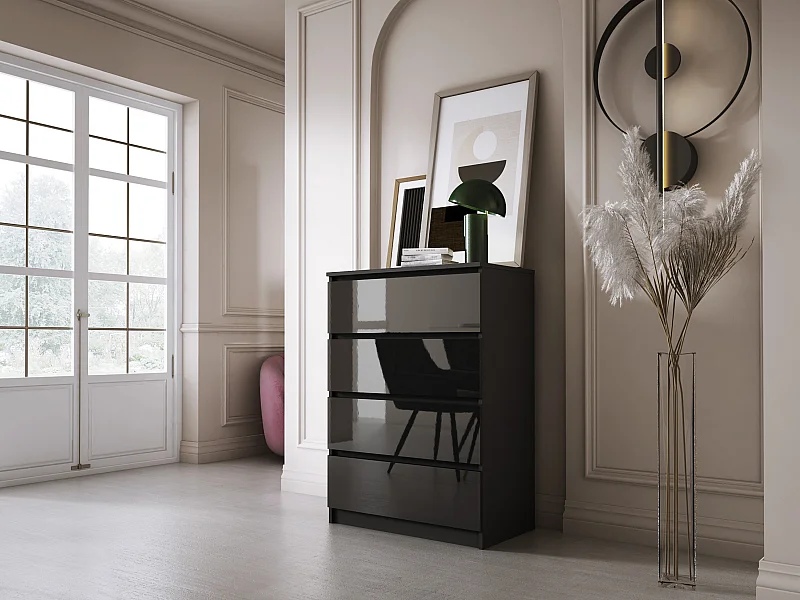 Commode 4 Tiroirs, Noir Mat / Noir Brillant, 70 x 39 x 101 cm