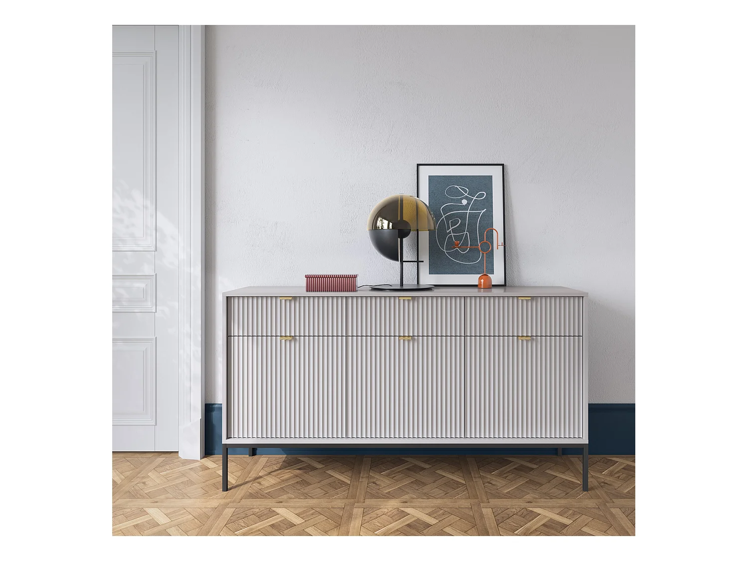 Komoda: 3 szuflady, 3 drzwi, szary, czarny, 154 x 83 x 39 cm, złote uchwyty