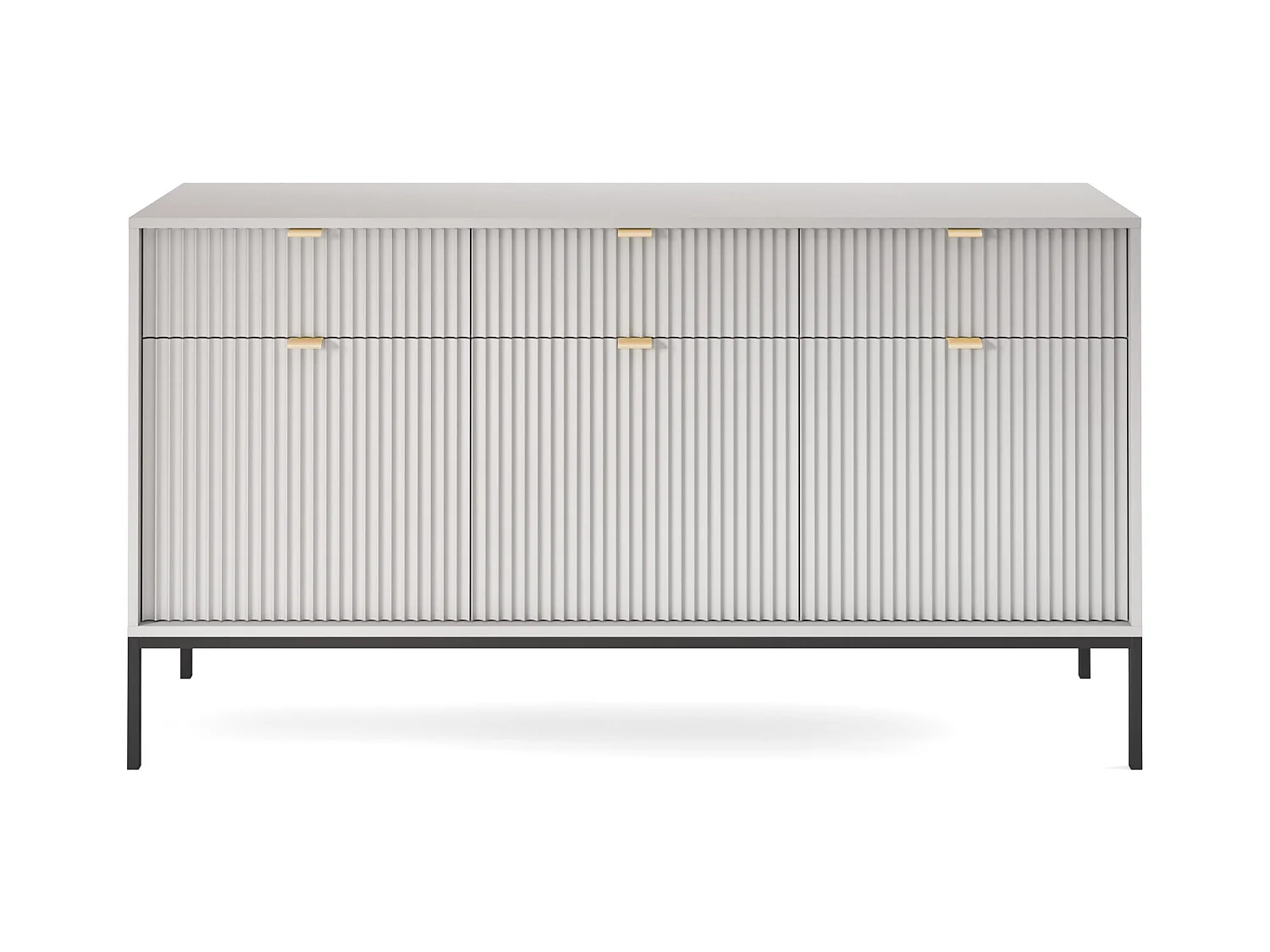 Kommode: 3 Schubladen, 3 Türen, Grau, Schwarz, 154 x 83 x 39 cm, goldene Griffe