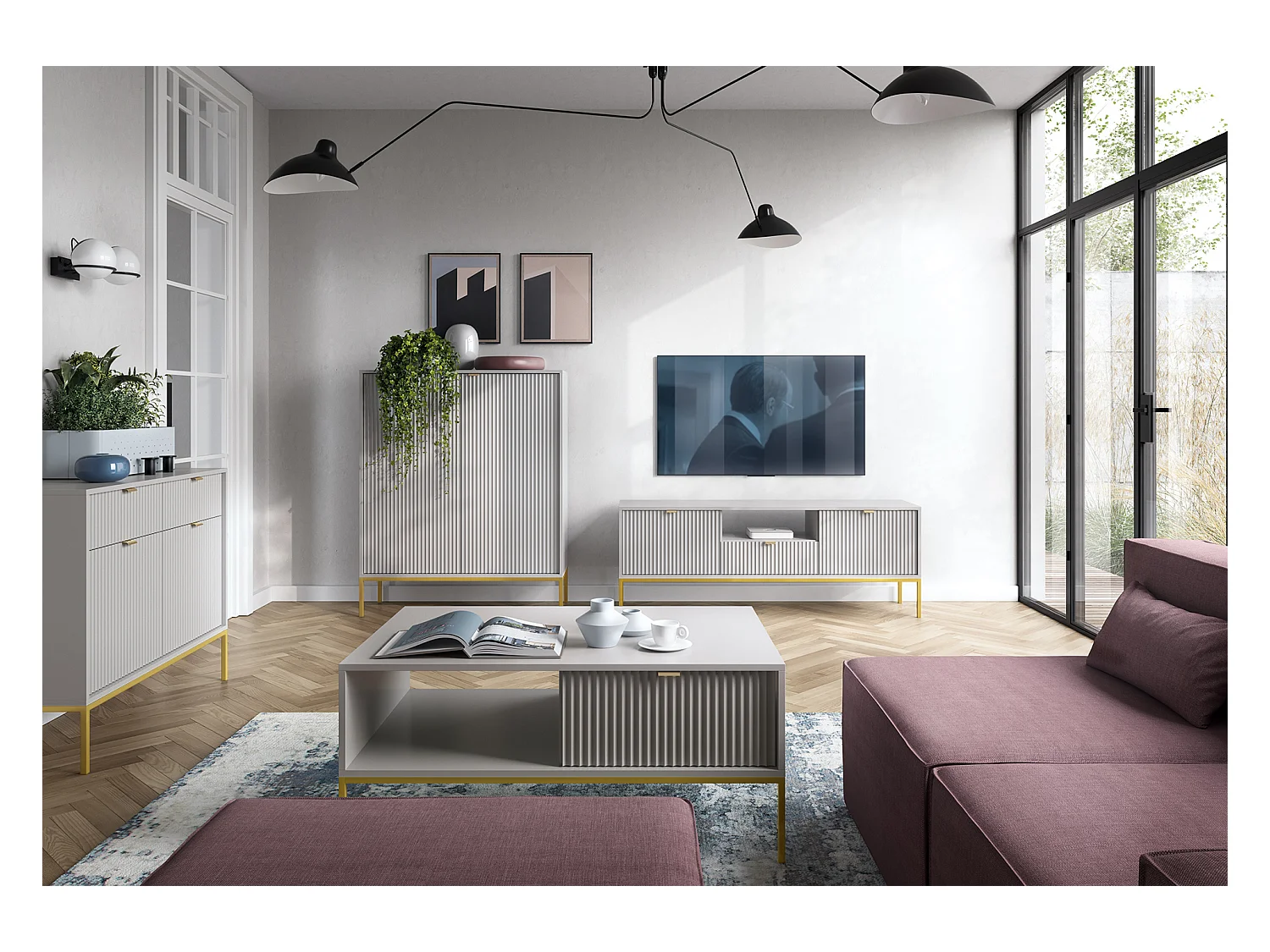 Cômoda: 2 portas, cinza, dourado, 104 x 125 x 39 cm, puxadores dourados