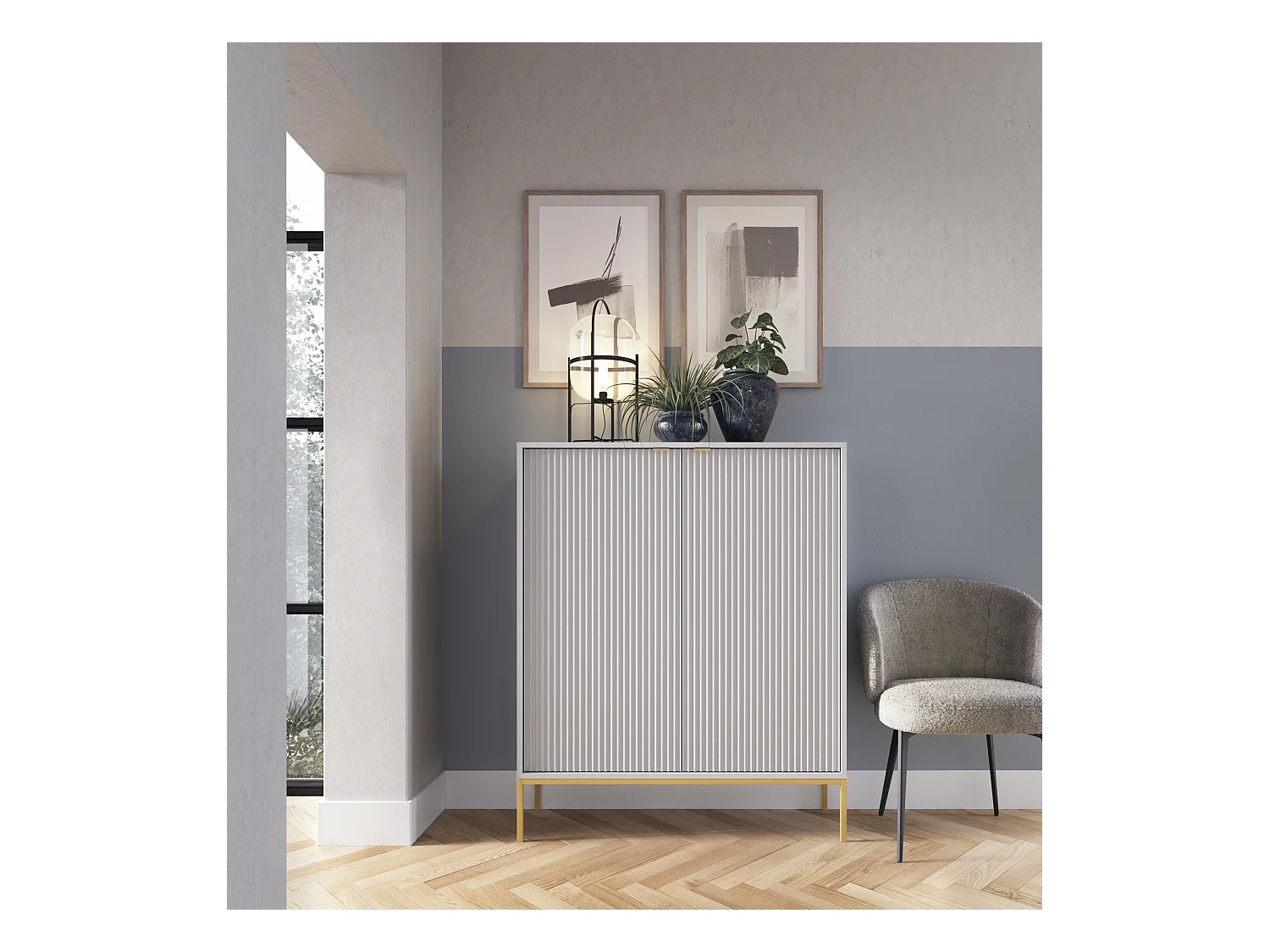 Commode : 2 Portes, Gris, or, 104 x 125 x 39 cm, poignées dorées