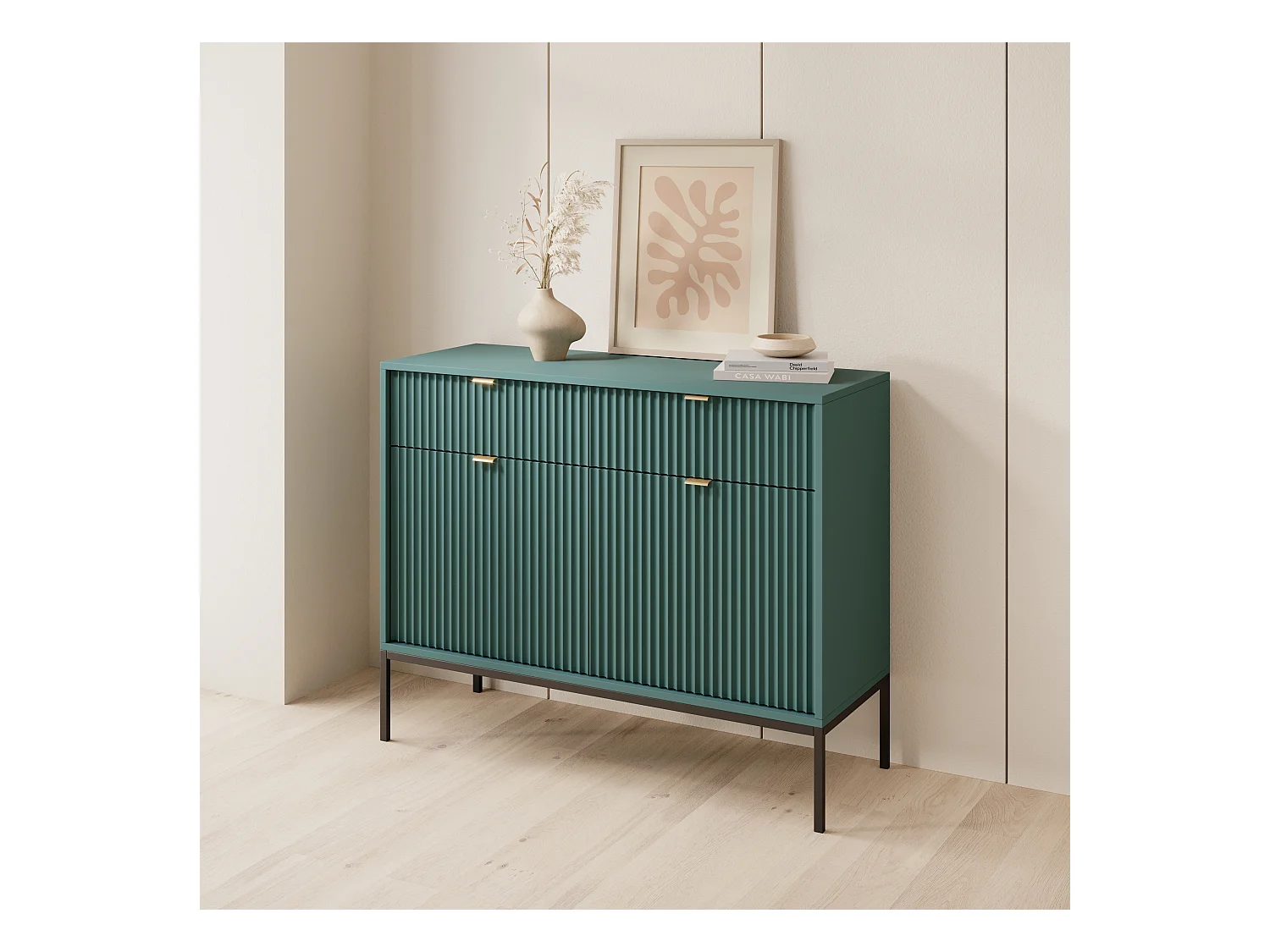 Ladekast: 2 lades, 2 deuren, labrador, goud, 104 x 83 x 39 cm, gouden handgrepen