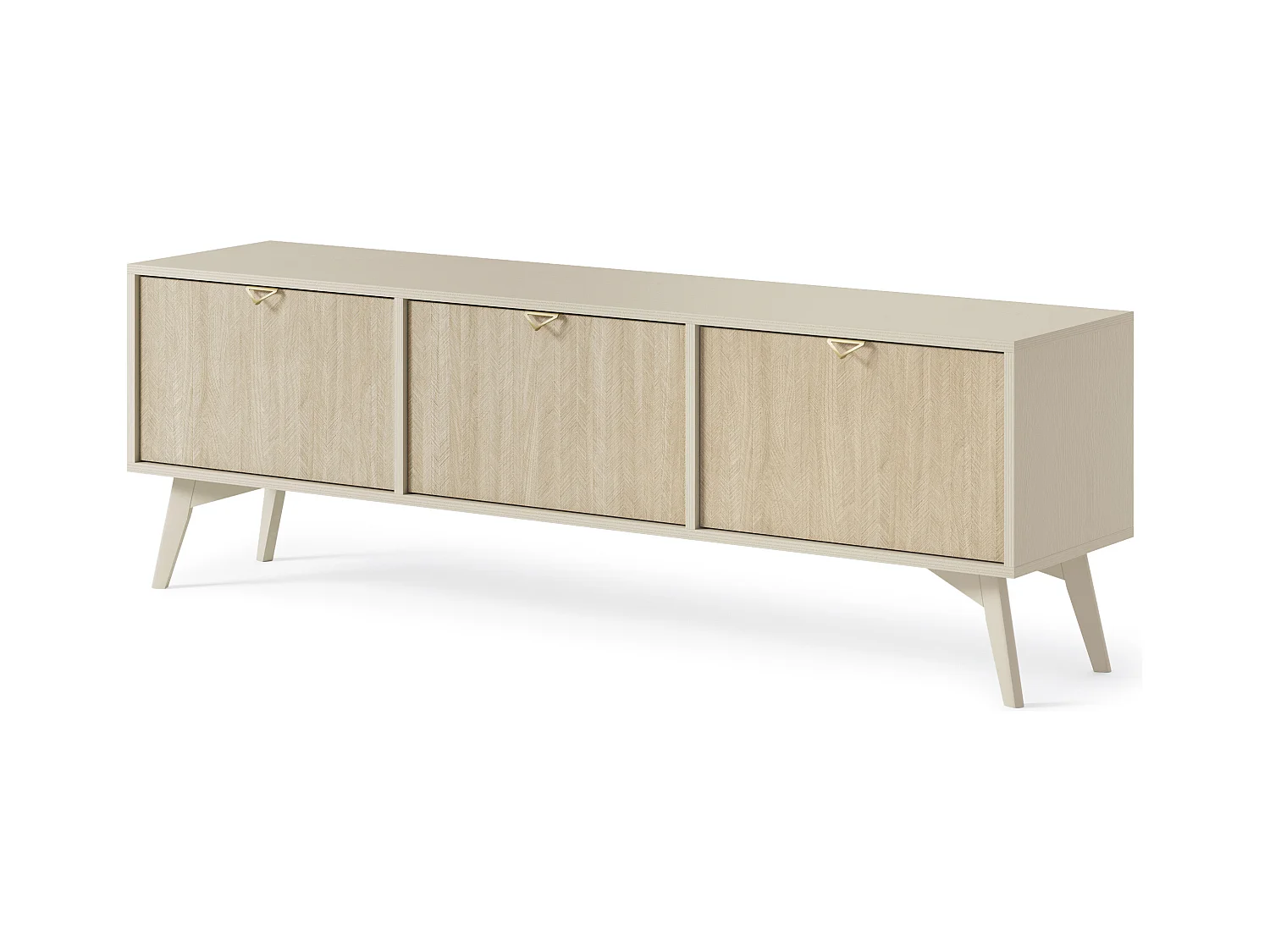 Meuble TV : Beige sable / Chevrons scandi, pieds Bois, 158 x 52 x 38cm