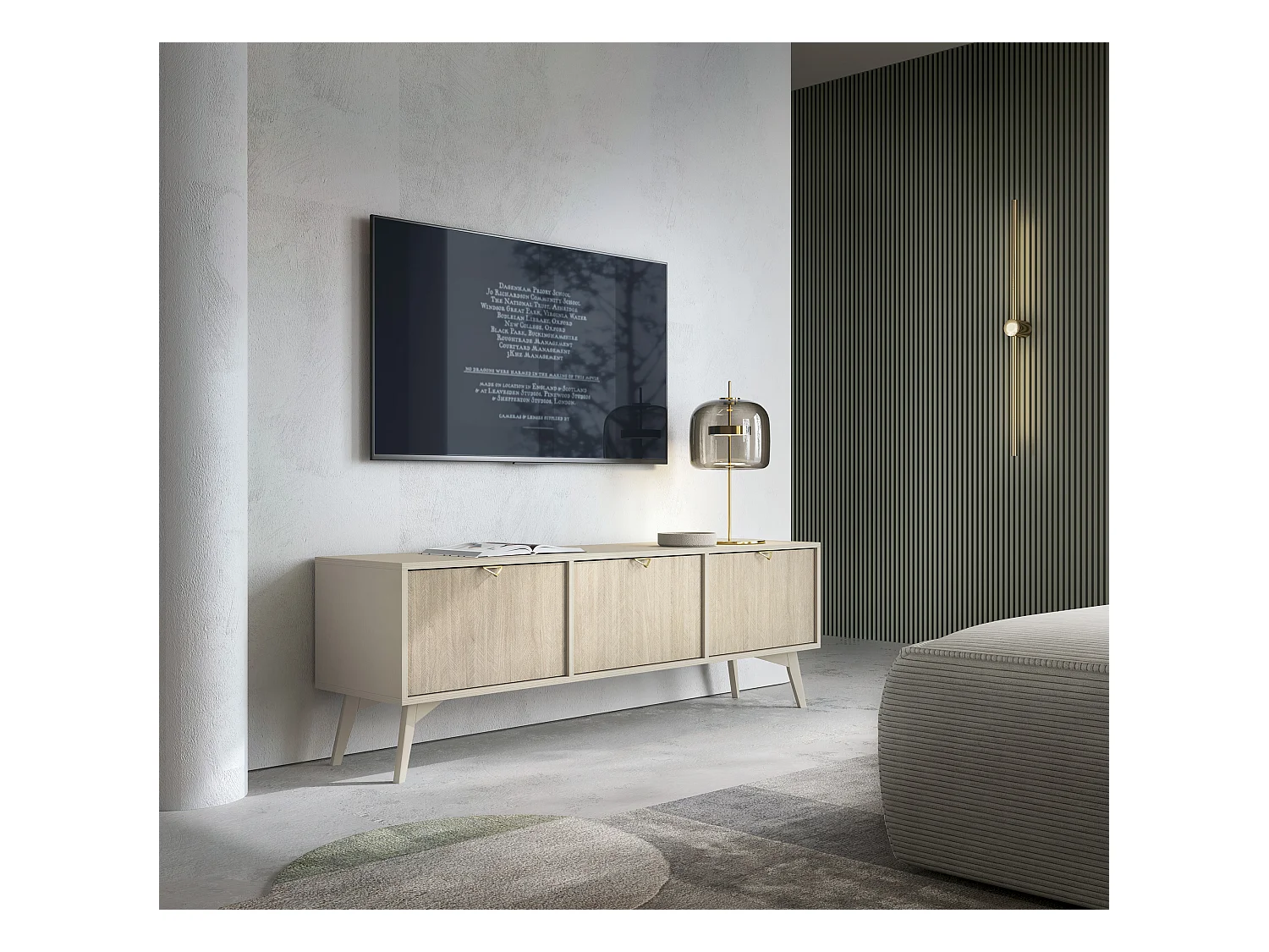 Meuble TV : Beige sable / Chevrons scandi, pieds Bois, 158 x 52 x 38cm