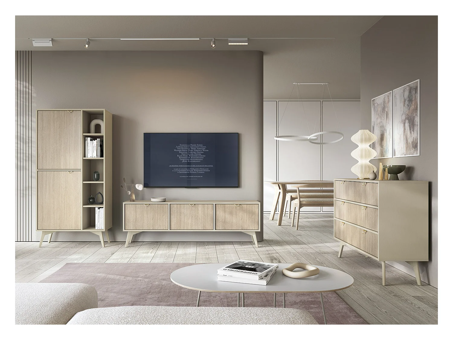 Meuble TV : Beige sable / Chevrons scandi, pieds Bois, 158 x 52 x 38cm