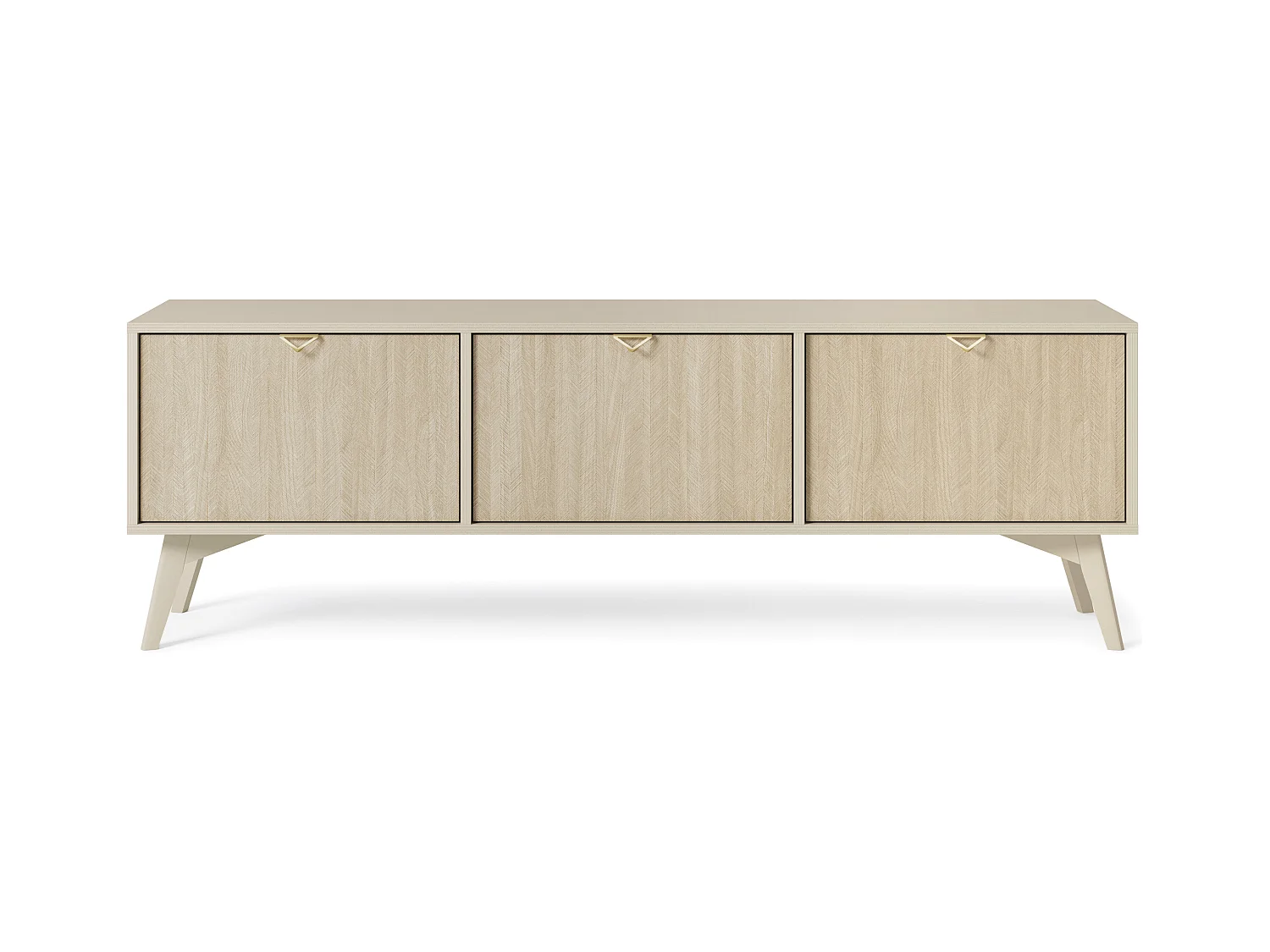 TV-Schrank: Sandbeige / Scandi-Fischgrätenmuster, Holzbeine, 158 x 52 x 38 cm