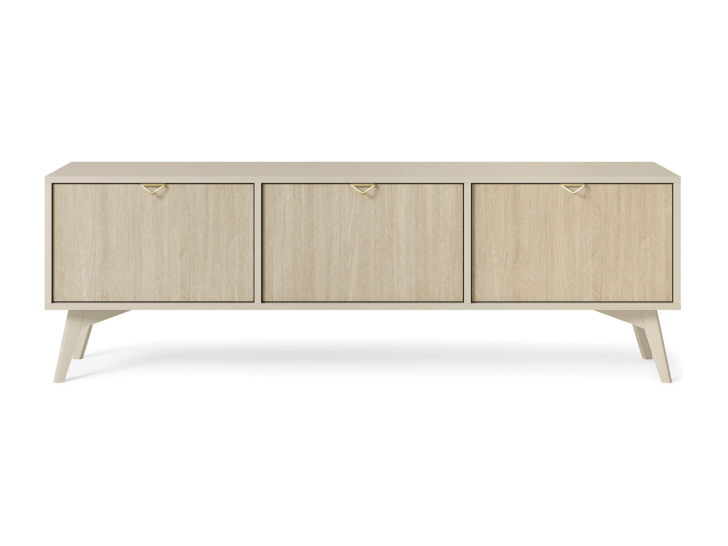 Meuble TV : Beige sable / Chevrons scandi, pieds Bois, 158 x 52 x 38cm