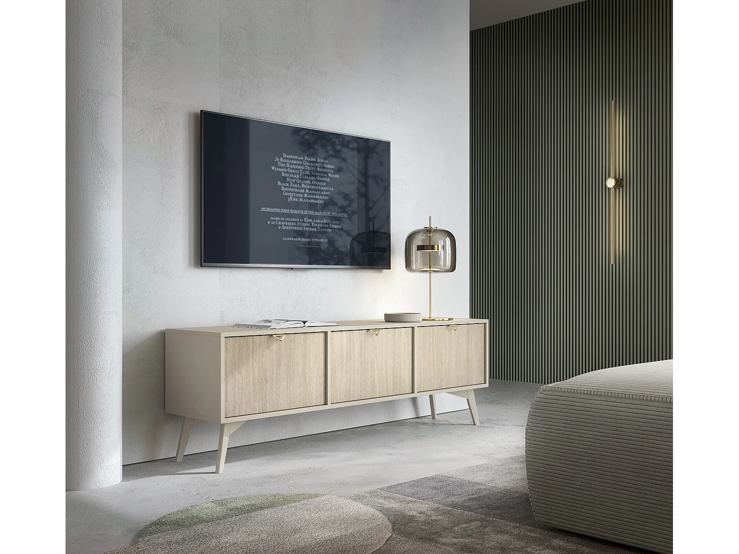 Meuble TV : Beige sable / Chevrons scandi, pieds Bois, 158 x 52 x 38cm