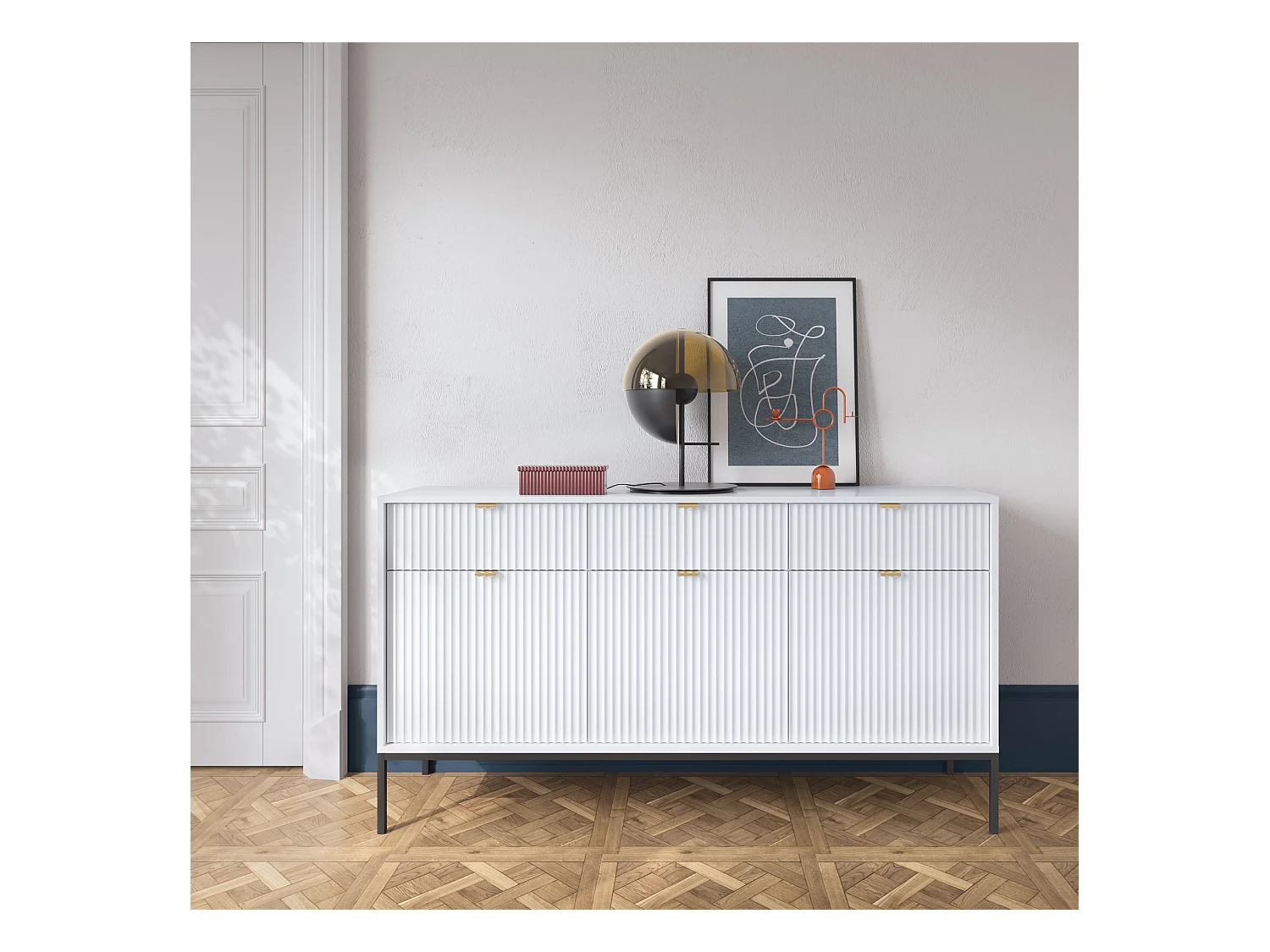 Commode : 3 Tiroirs, 3 Portes, Blanc, Noir, 154 x 83 x 39 cm, poignées dorées