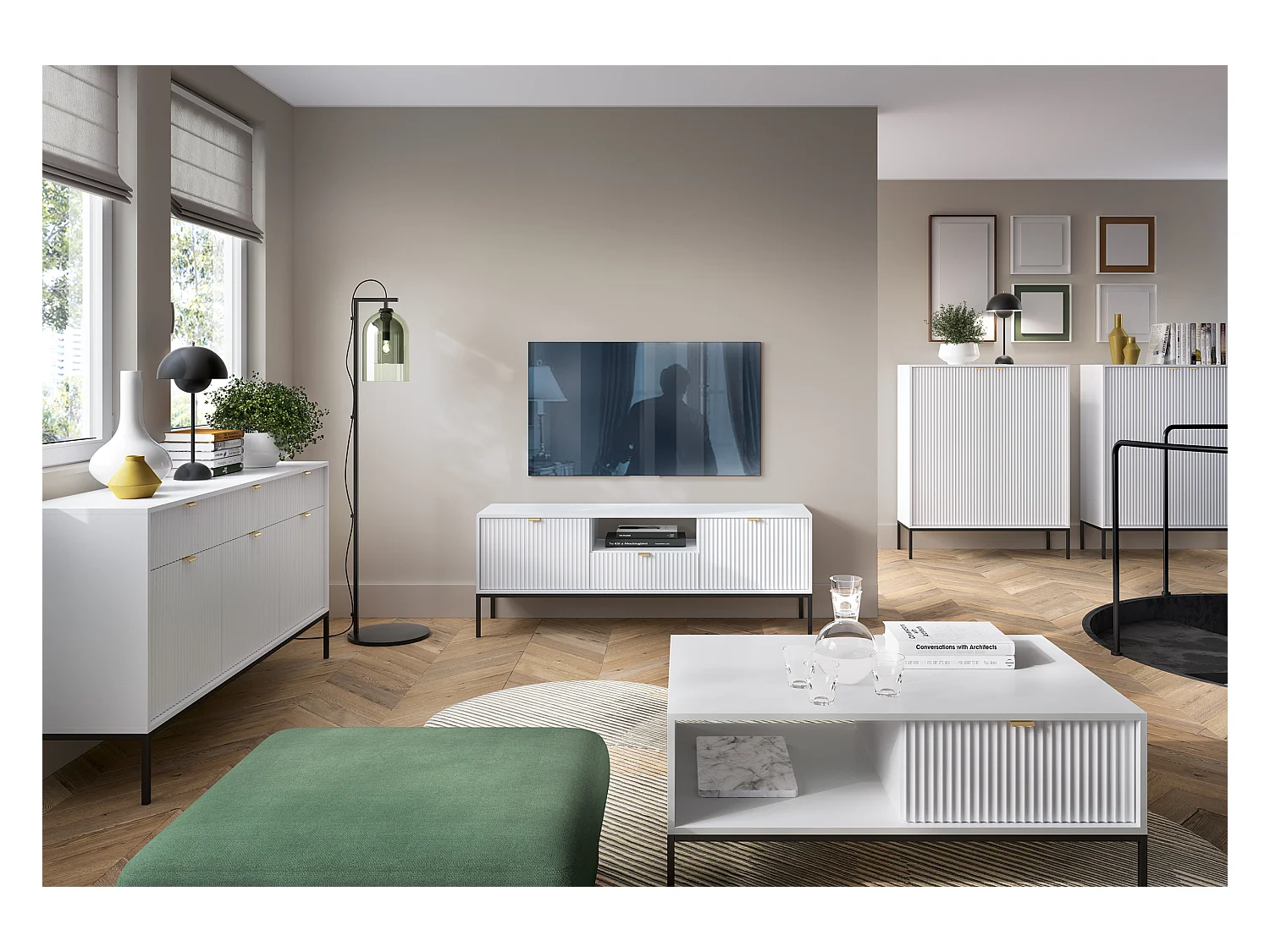 Commode : 3 Tiroirs, 3 Portes, Blanc, Noir, 154 x 83 x 39 cm, poignées dorées