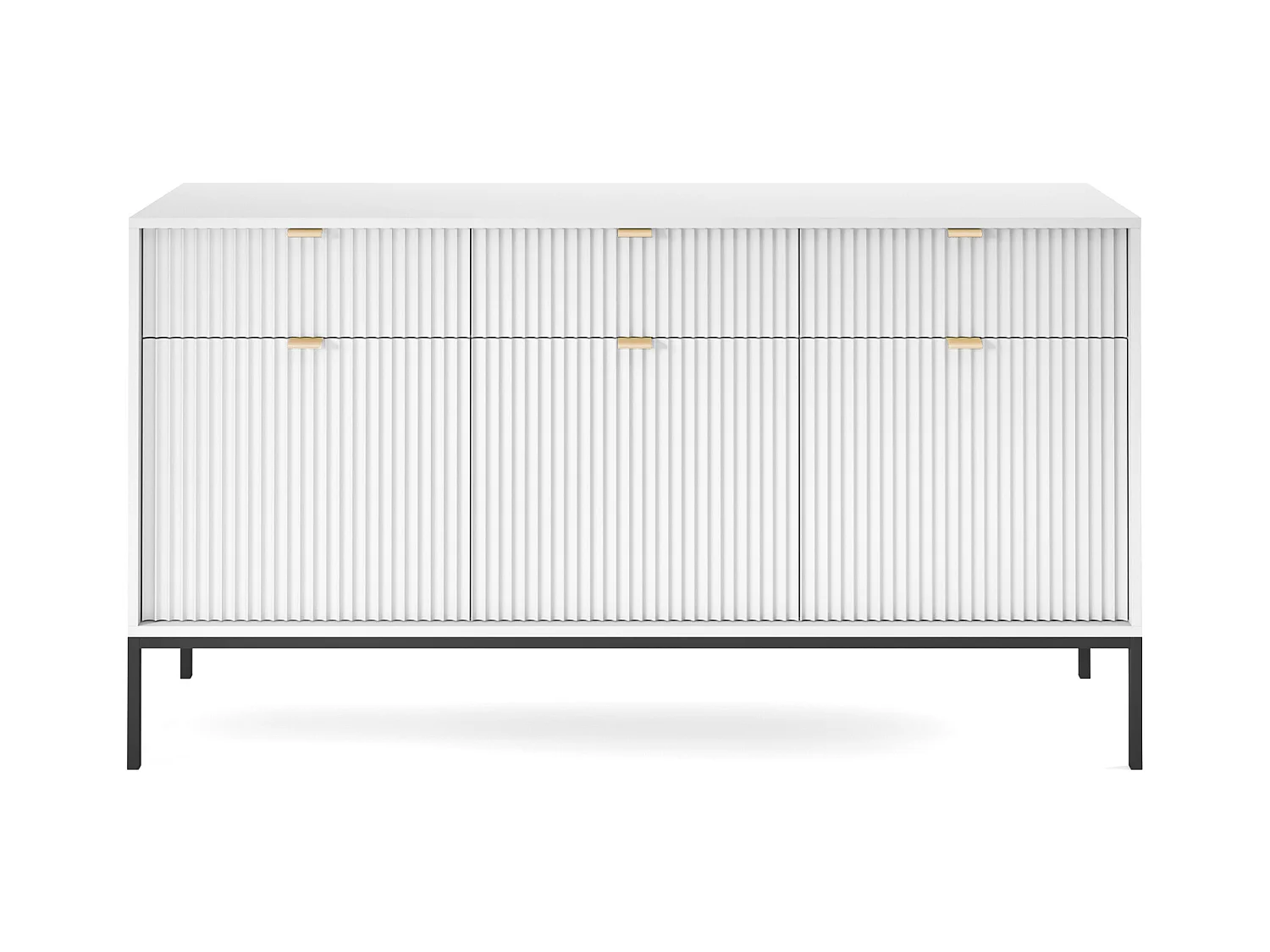 Kommode: 3 Schubladen, 3 Türen, Weiß, Schwarz, 154 x 83 x 39 cm, goldene Griffe