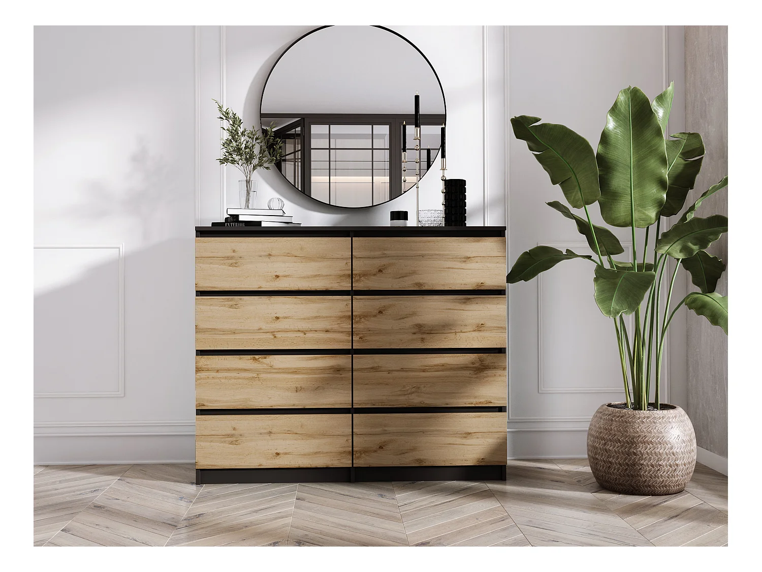 Ladekast met 8 laden: mat zwart / Wotan eiken, 120 x 101 x 39 cm