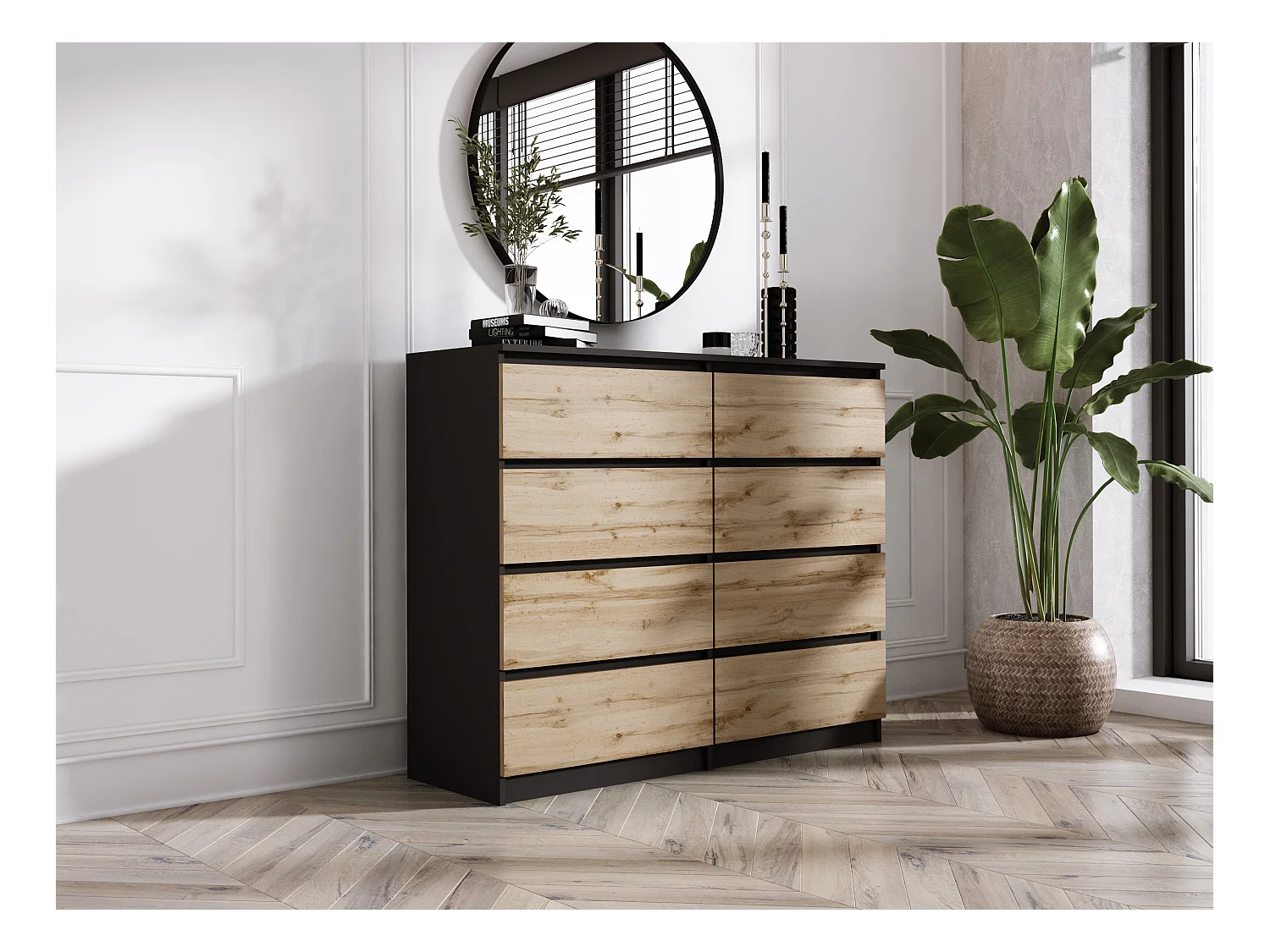 Commode 8 tiroirs : Noir Mat / Chêne Wotan, 120 x 101 x 39 cm
