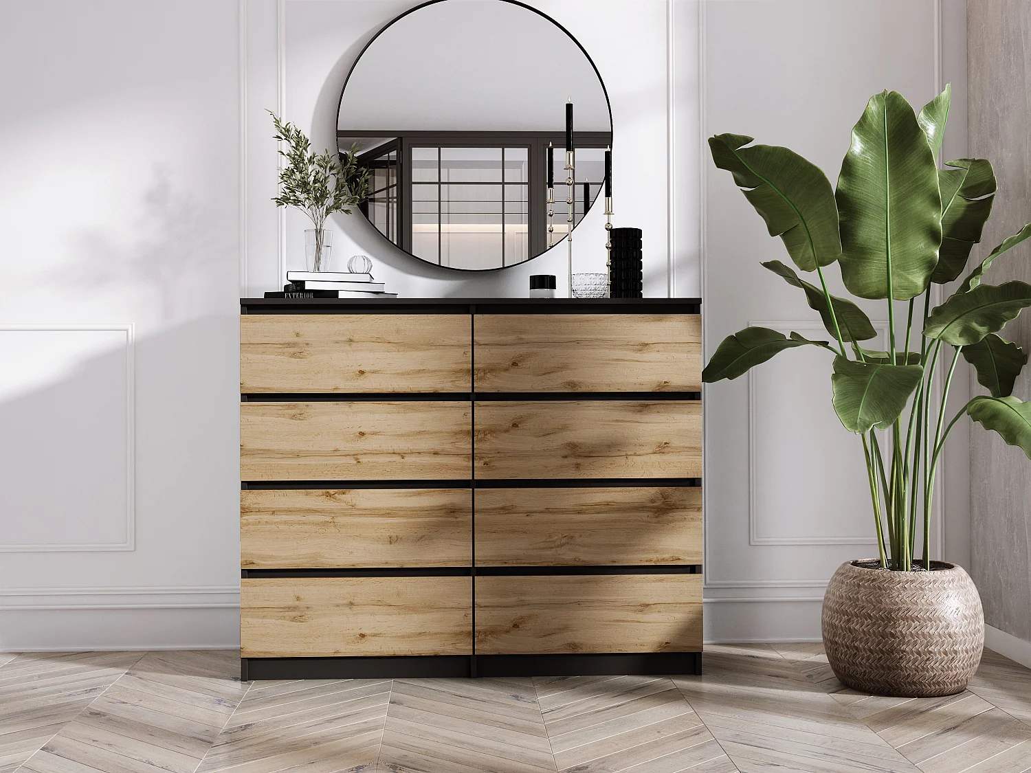 Commode 8 tiroirs : Noir Mat / Chêne Wotan, 120 x 101 x 39 cm