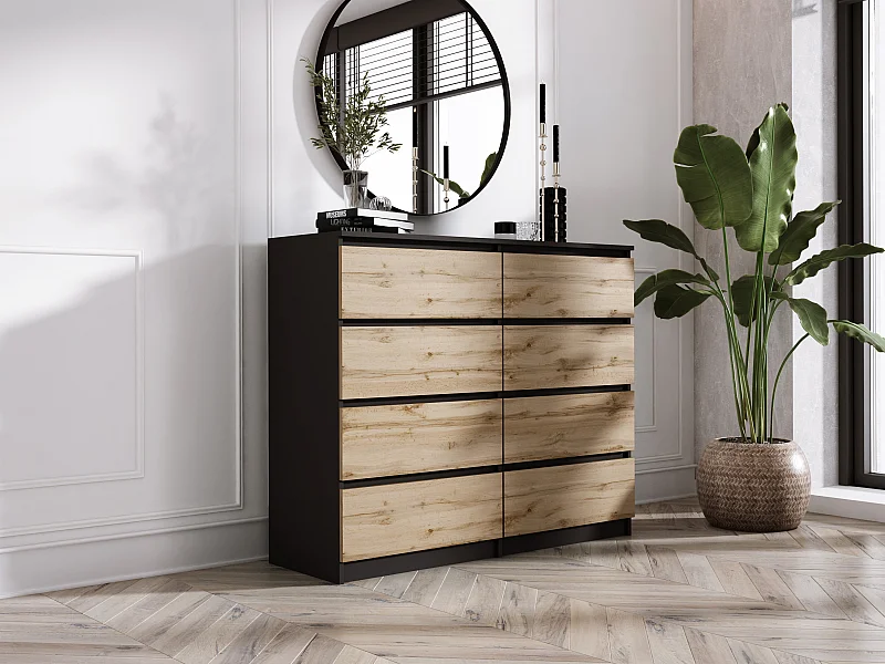 Commode 8 tiroirs : Noir Mat / Chêne Wotan, 120 x 101 x 39 cm