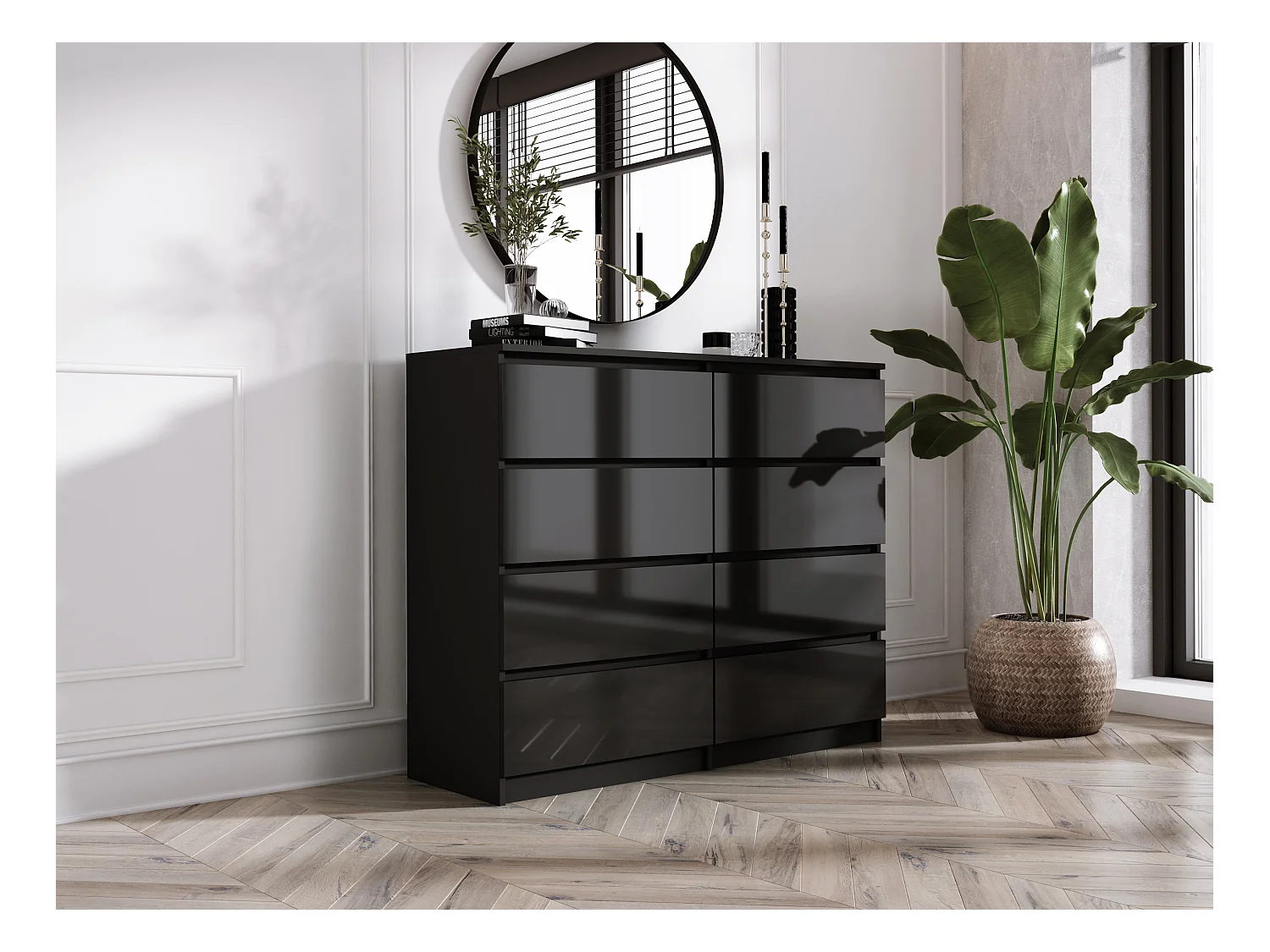 Komoda z 8 szufladami, czarny matowy / czarny błyszczący, 120 x 39 x 101 cm