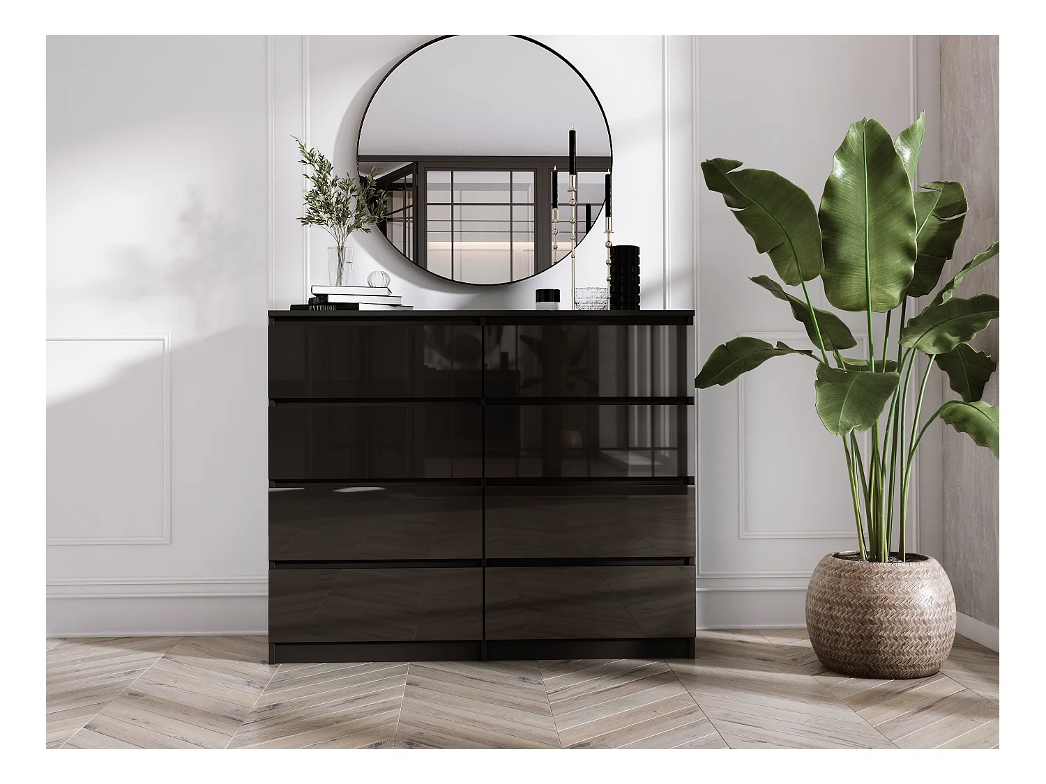 Komoda z 8 szufladami, czarny matowy / czarny błyszczący, 120 x 39 x 101 cm