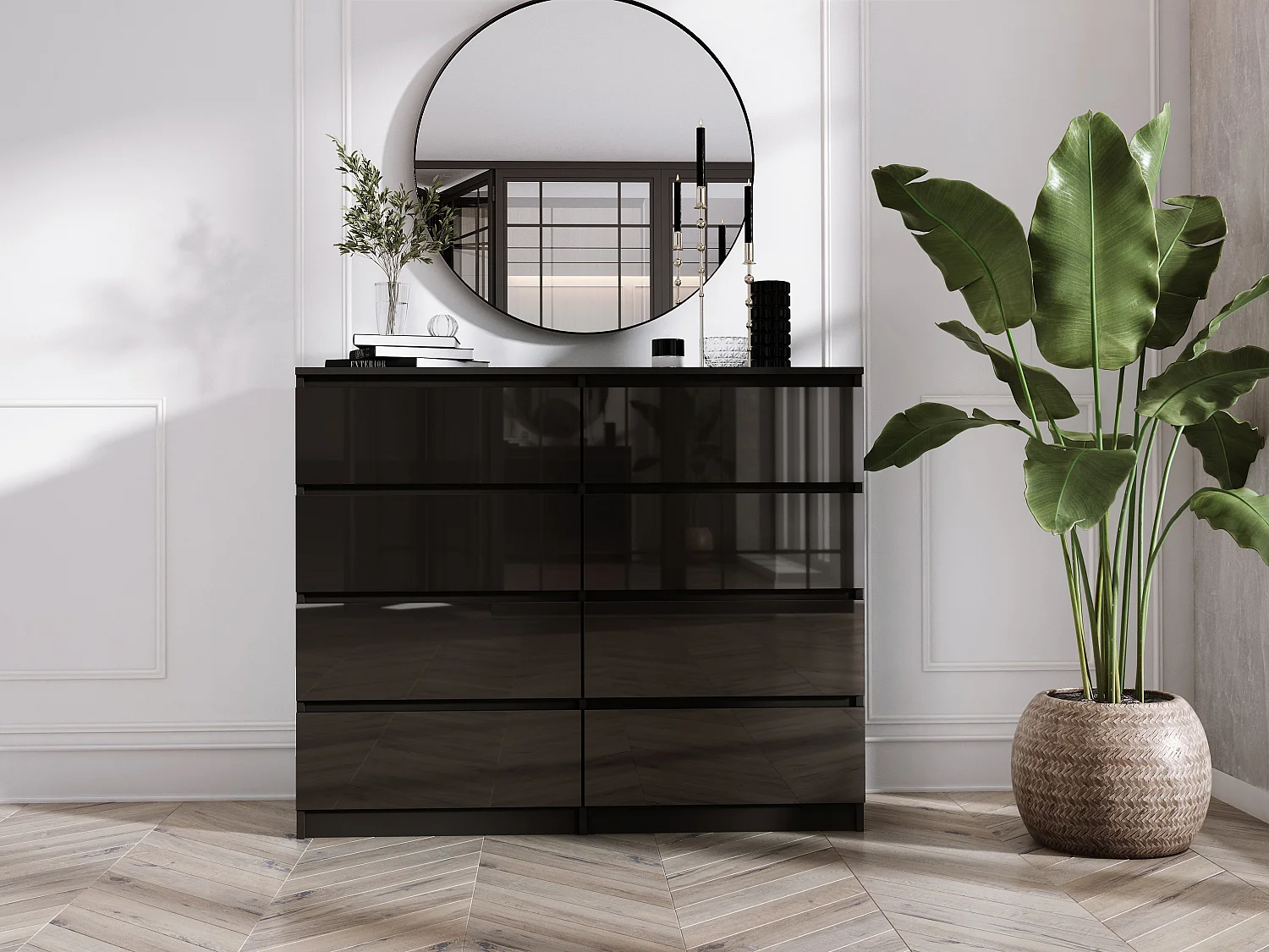 Commode 8 Tiroirs, Noir Mat / Noir Brillant, 120 x 39 x 101 cm